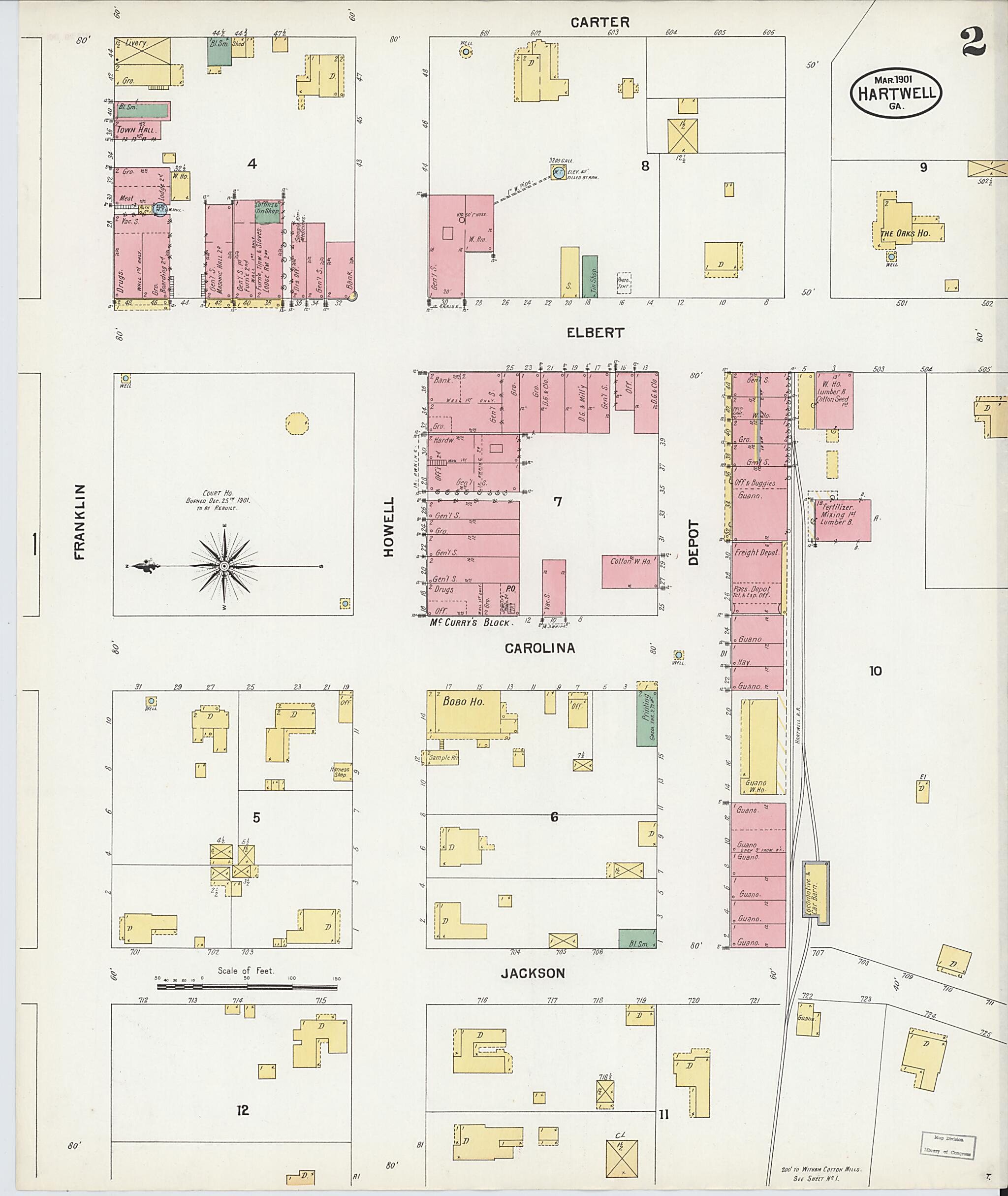 This old map of Hartwell, Hart County, Georgia was created by Sanborn Map Company in 1901