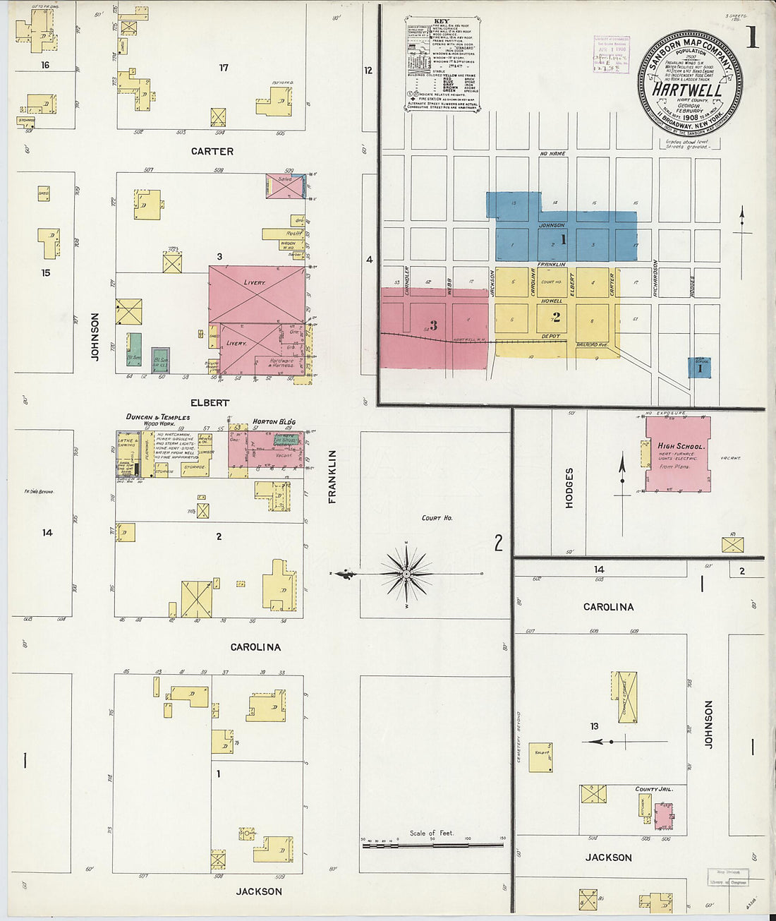 This old map of Hartwell, Hart County, Georgia was created by Sanborn Map Company in 1908