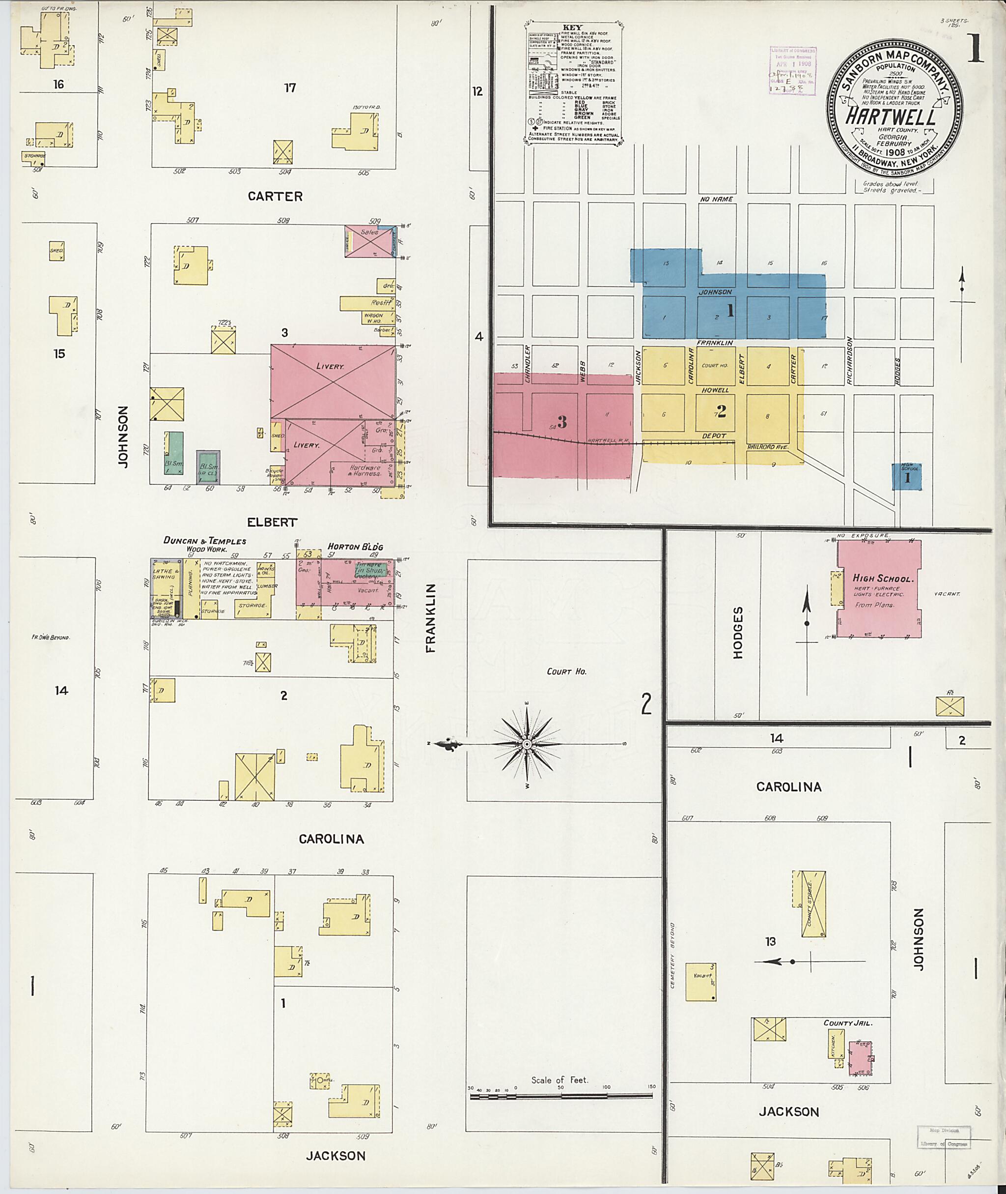 This old map of Hartwell, Hart County, Georgia was created by Sanborn Map Company in 1908