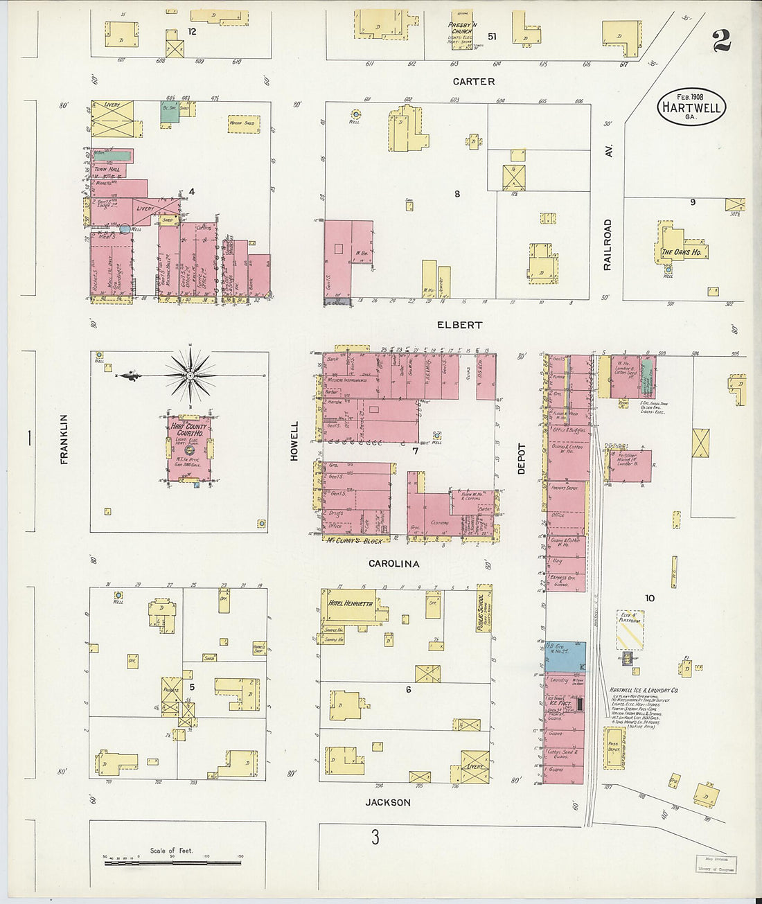 This old map of Hartwell, Hart County, Georgia was created by Sanborn Map Company in 1908