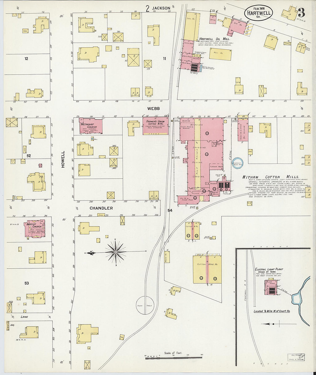 This old map of Hartwell, Hart County, Georgia was created by Sanborn Map Company in 1908