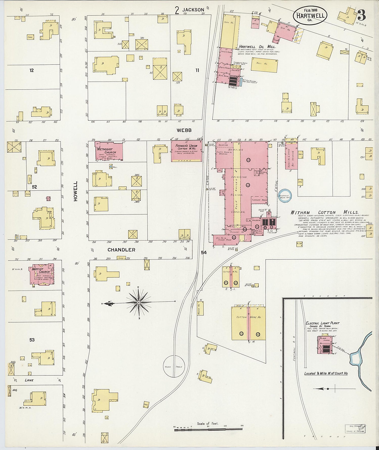 This old map of Hartwell, Hart County, Georgia was created by Sanborn Map Company in 1908