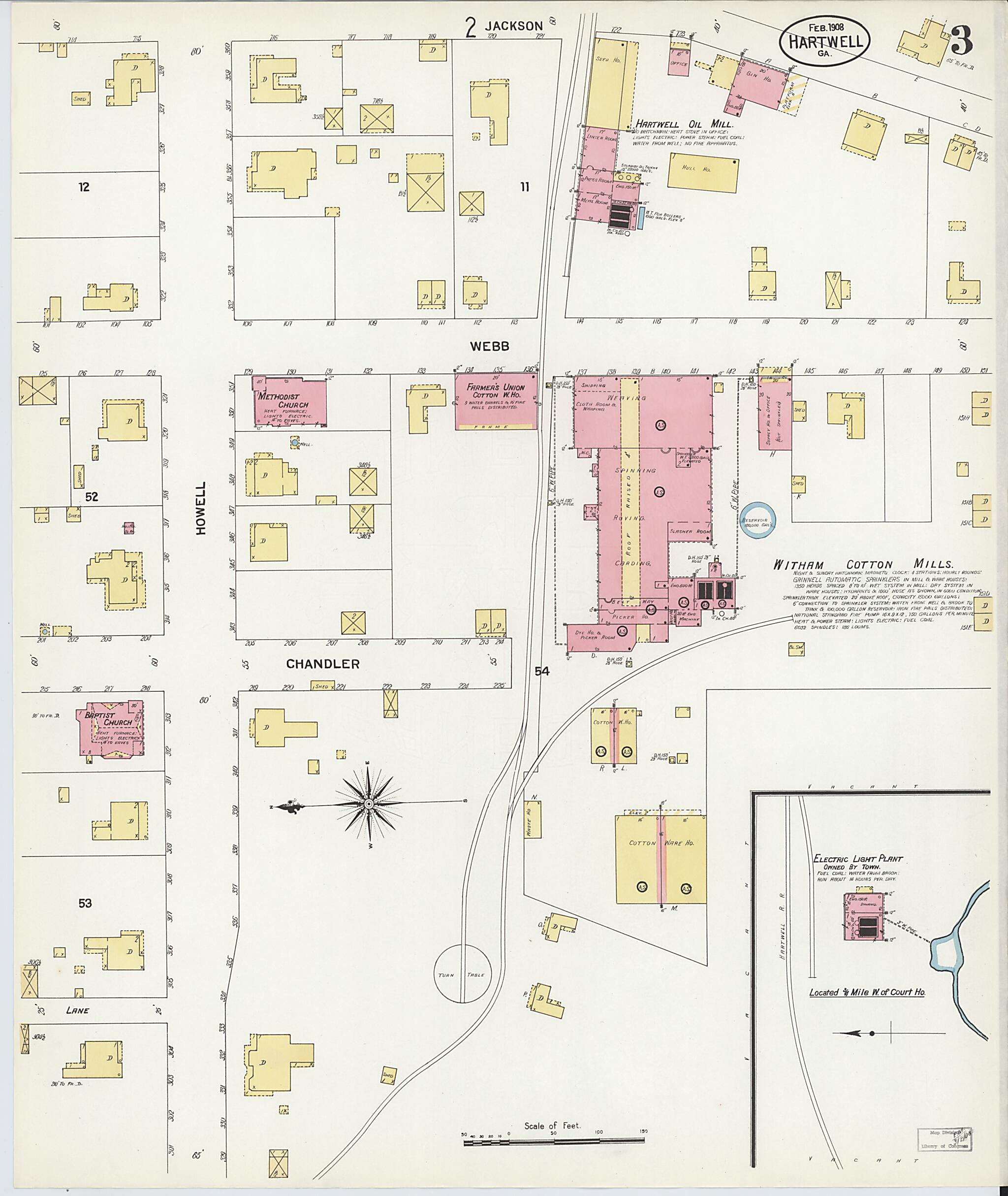 This old map of Hartwell, Hart County, Georgia was created by Sanborn Map Company in 1908