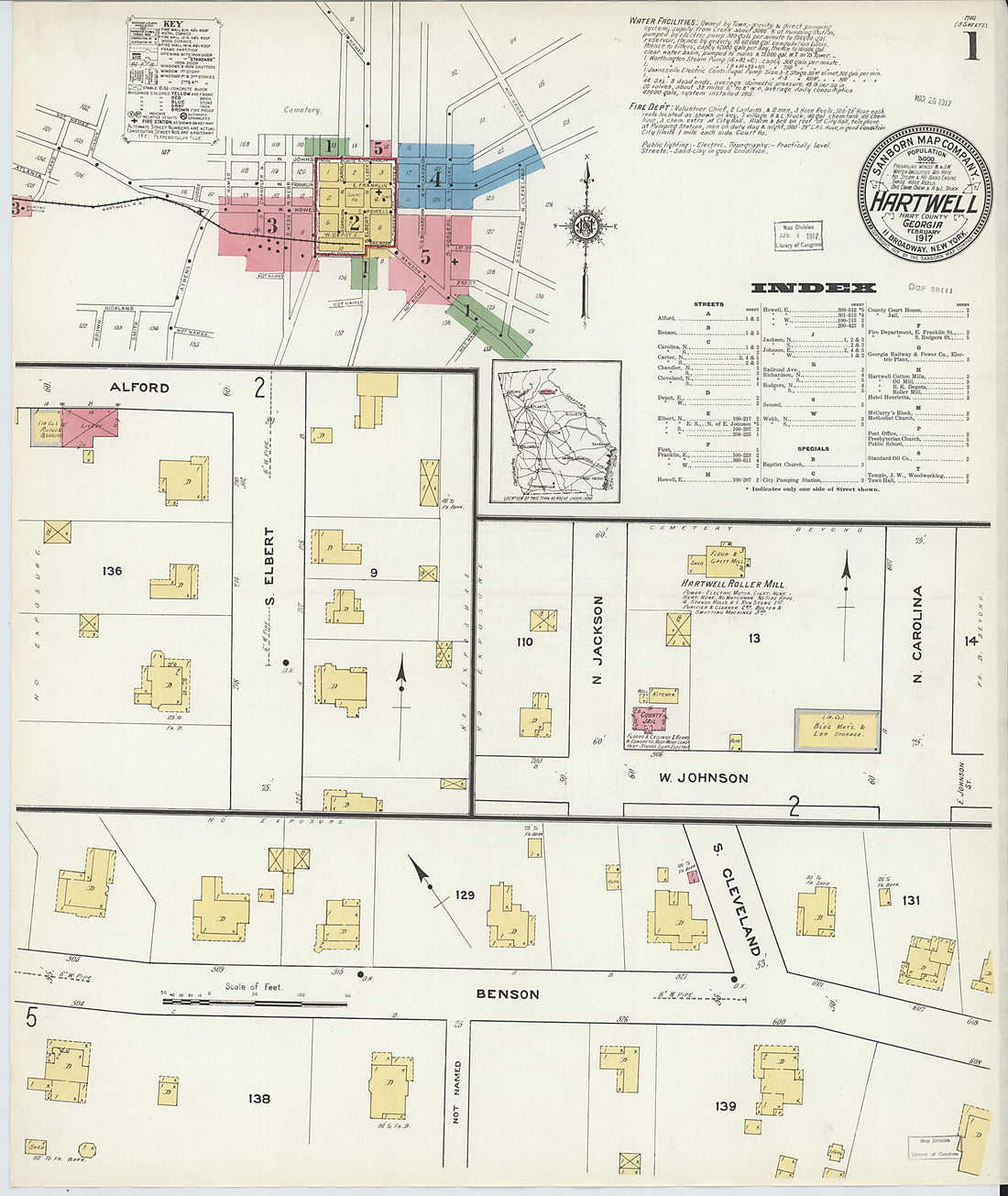 This old map of Hartwell, Hart County, Georgia was created by Sanborn Map Company in 1917