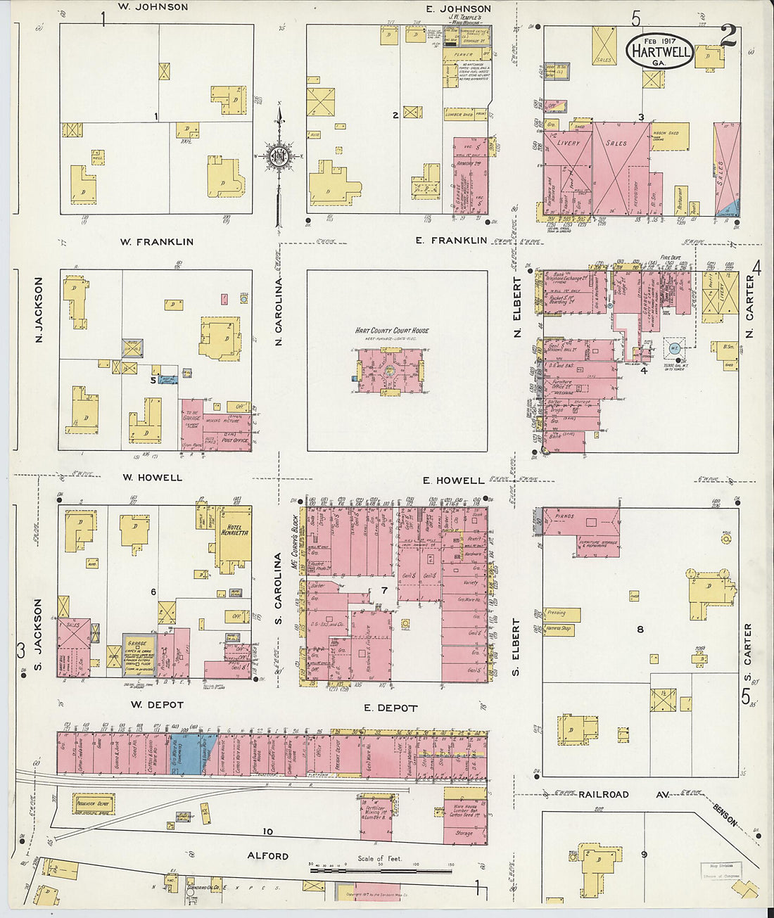 This old map of Hartwell, Hart County, Georgia was created by Sanborn Map Company in 1917