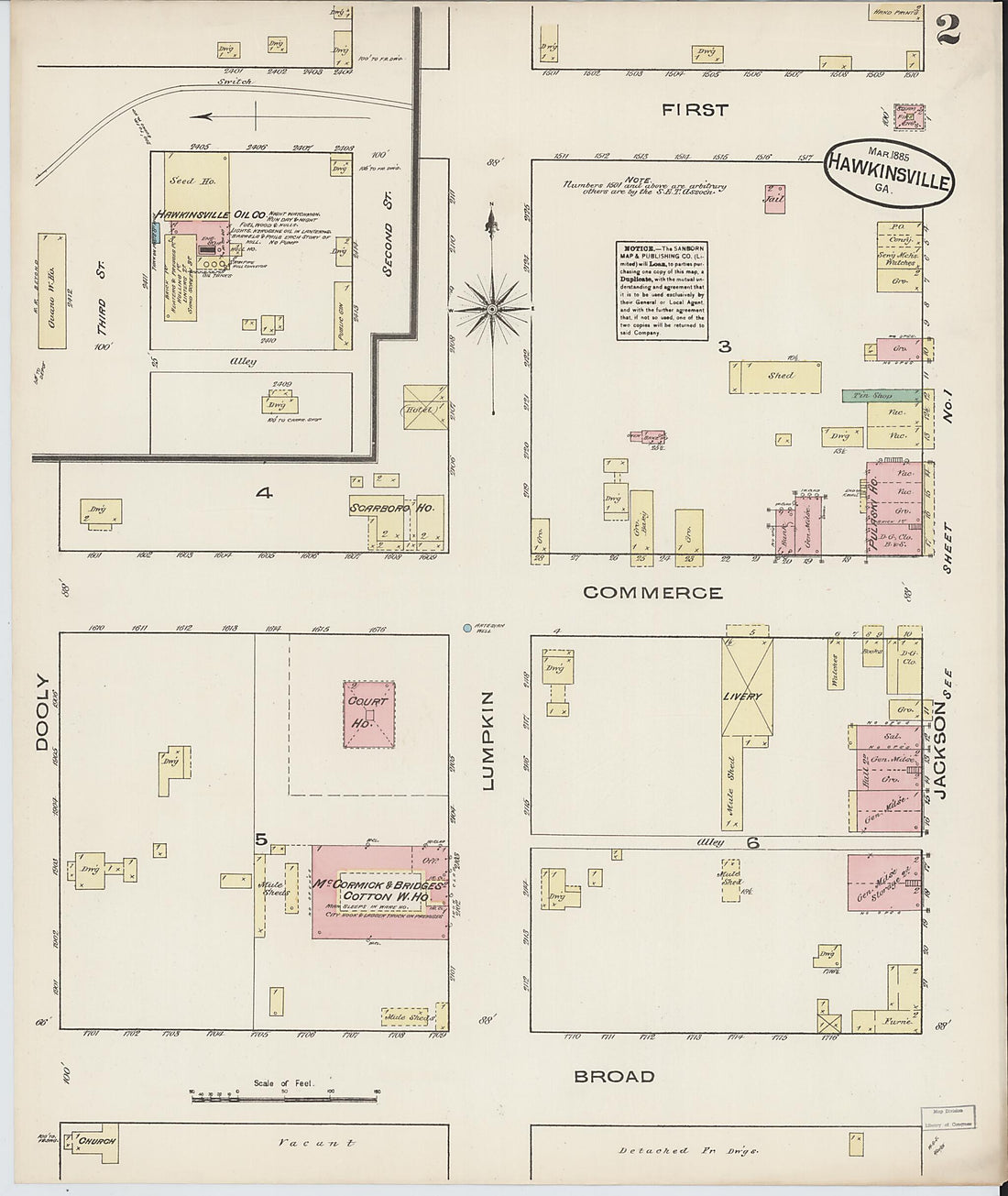 This old map of Hawkinsville, Pulaski County, Georgia was created by Sanborn Map Company in 1885