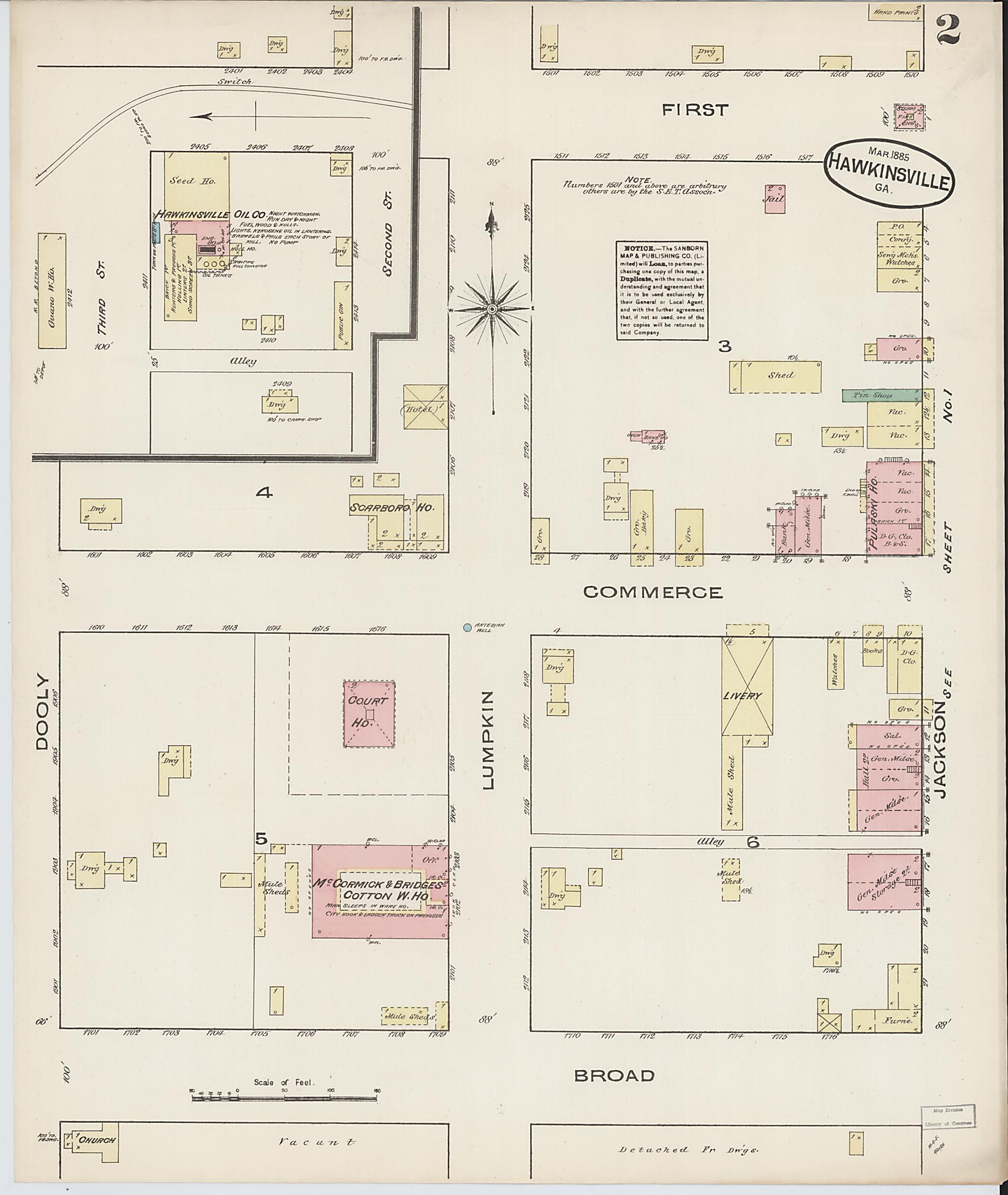 This old map of Hawkinsville, Pulaski County, Georgia was created by Sanborn Map Company in 1885