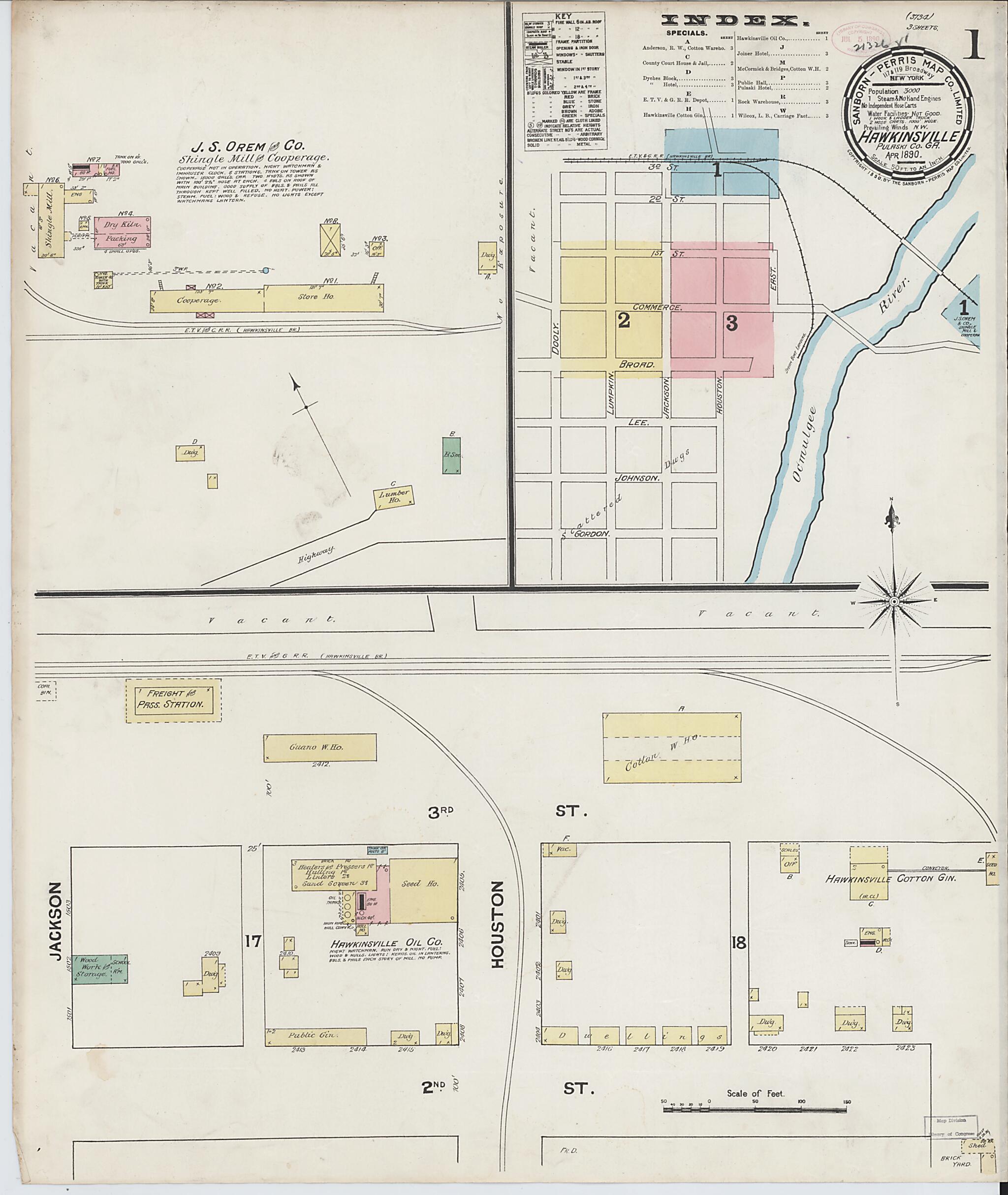 This old map of Hawkinsville, Pulaski County, Georgia was created by Sanborn Map Company in 1890