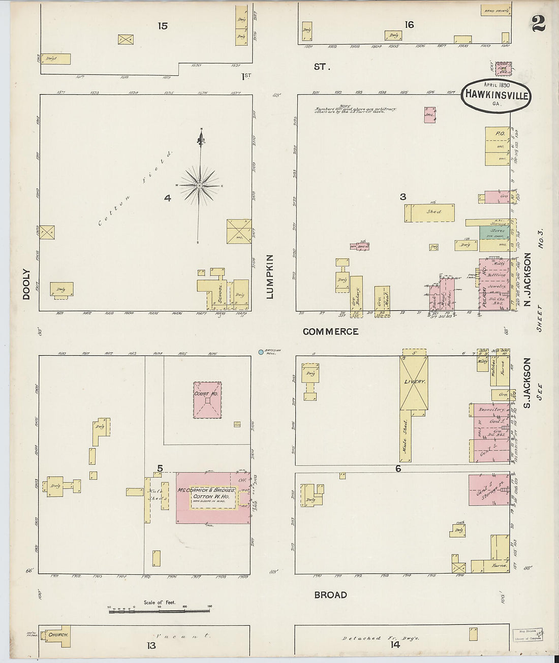 This old map of Hawkinsville, Pulaski County, Georgia was created by Sanborn Map Company in 1890