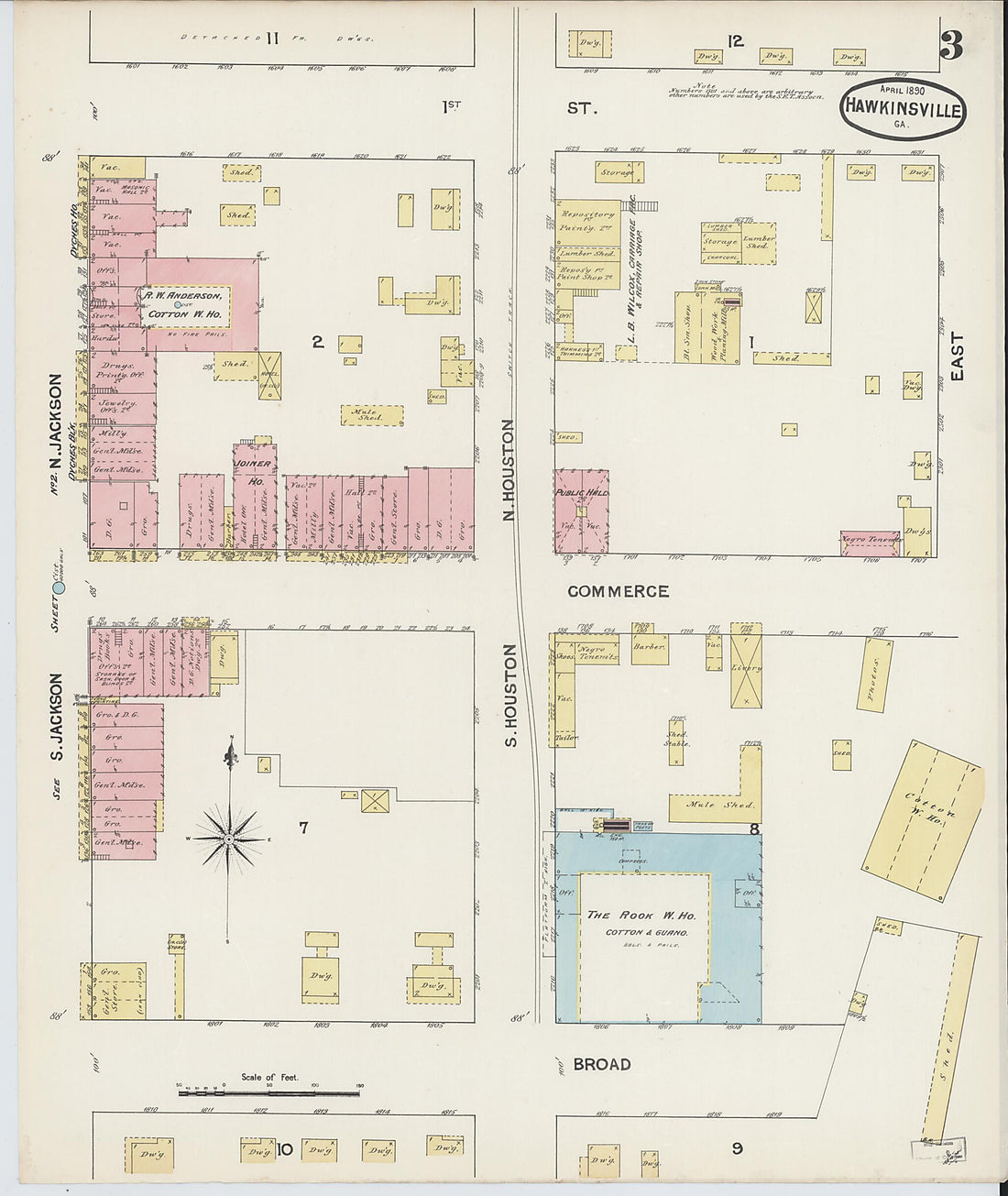 This old map of Hawkinsville, Pulaski County, Georgia was created by Sanborn Map Company in 1890