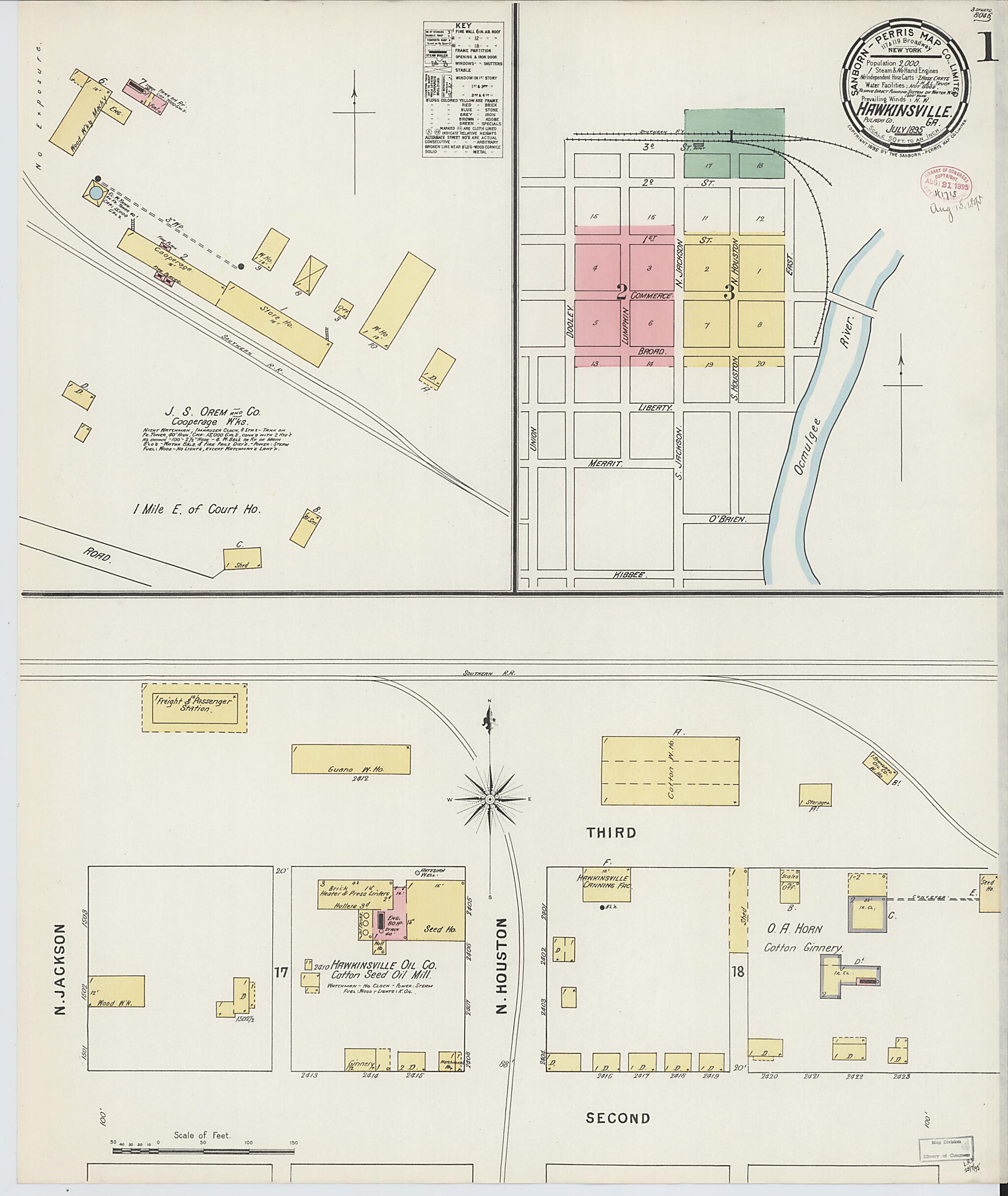 This old map of Hawkinsville, Pulaski County, Georgia was created by Sanborn Map Company in 1895