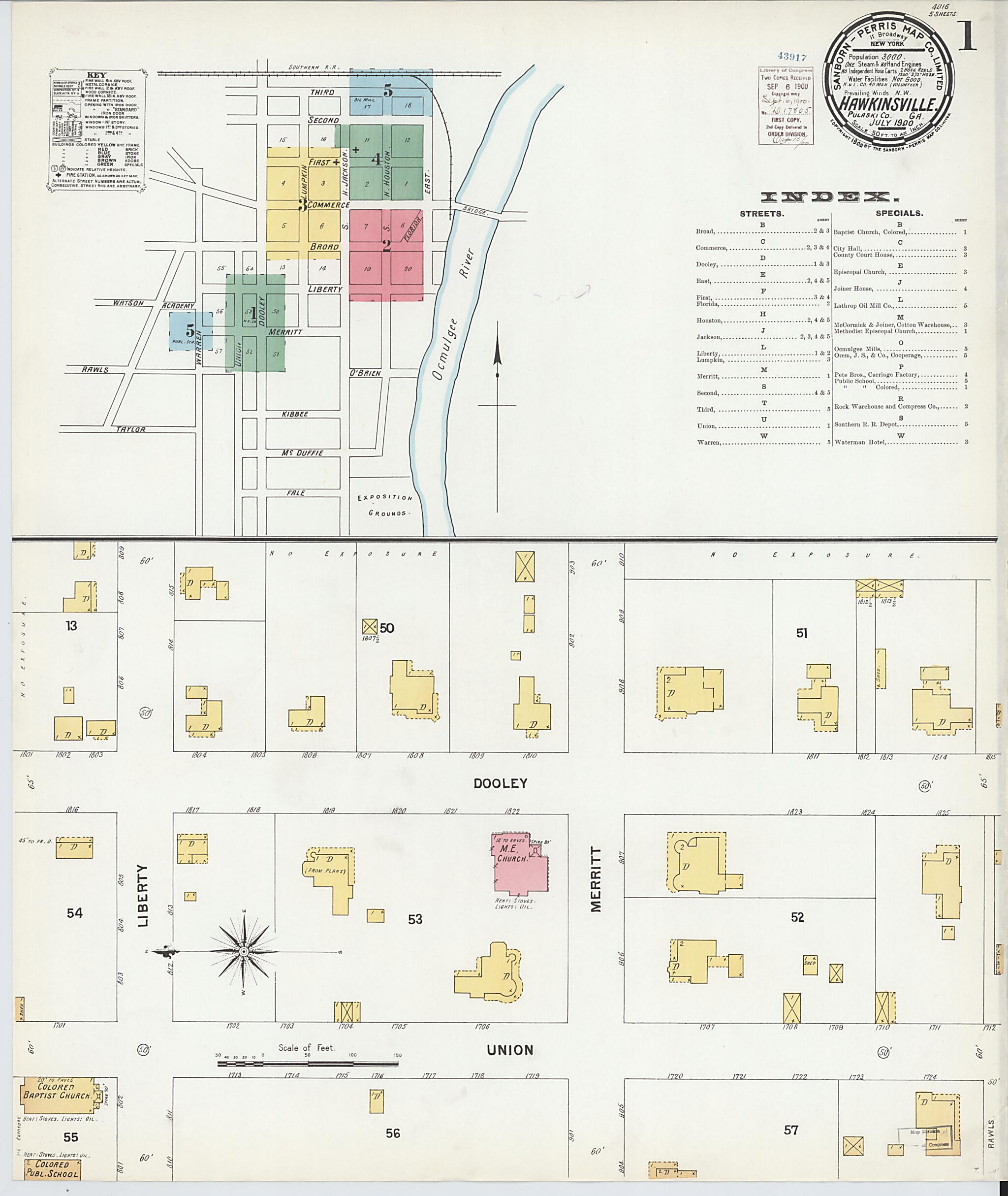 This old map of Hawkinsville, Pulaski County, Georgia was created by Sanborn Map Company in 1900