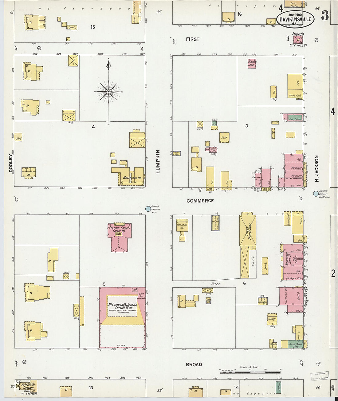 This old map of Hawkinsville, Pulaski County, Georgia was created by Sanborn Map Company in 1900