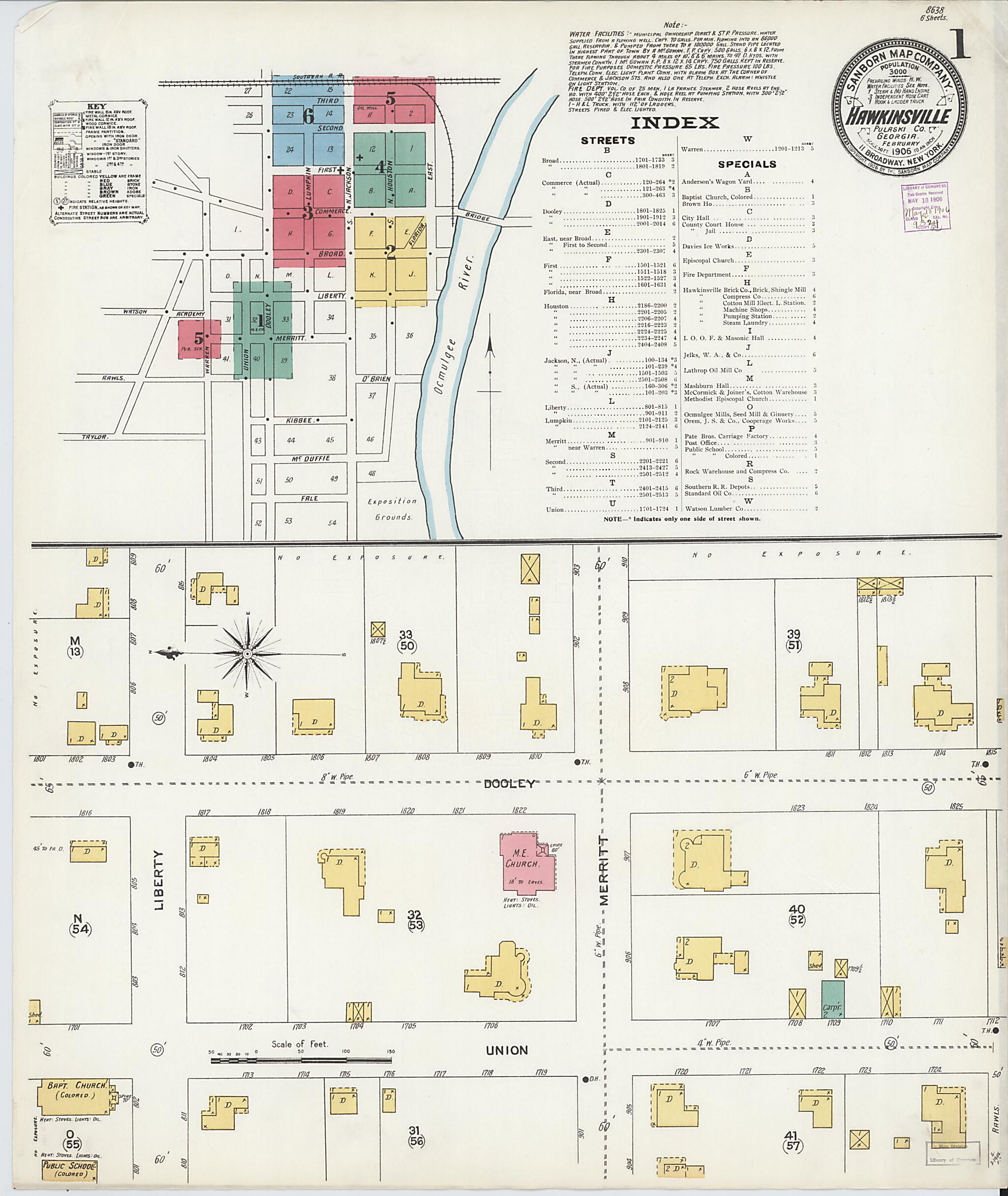 This old map of Hawkinsville, Pulaski County, Georgia was created by Sanborn Map Company in 1906