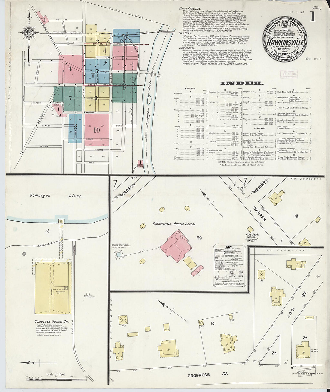 This old map of Hawkinsville, Pulaski County, Georgia was created by Sanborn Map Company in 1912