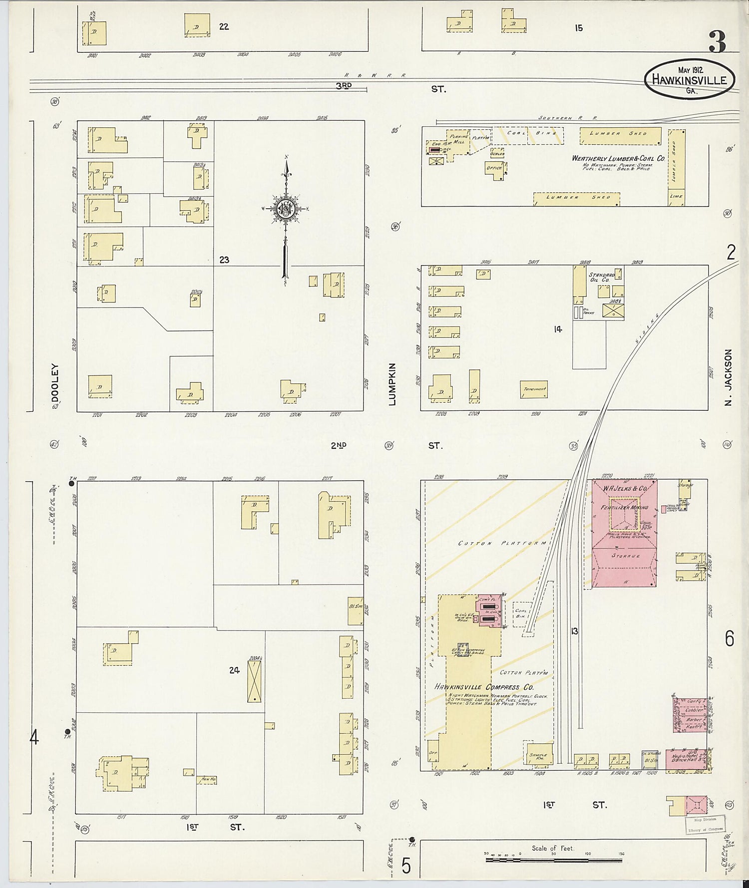 This old map of Hawkinsville, Pulaski County, Georgia was created by Sanborn Map Company in 1912