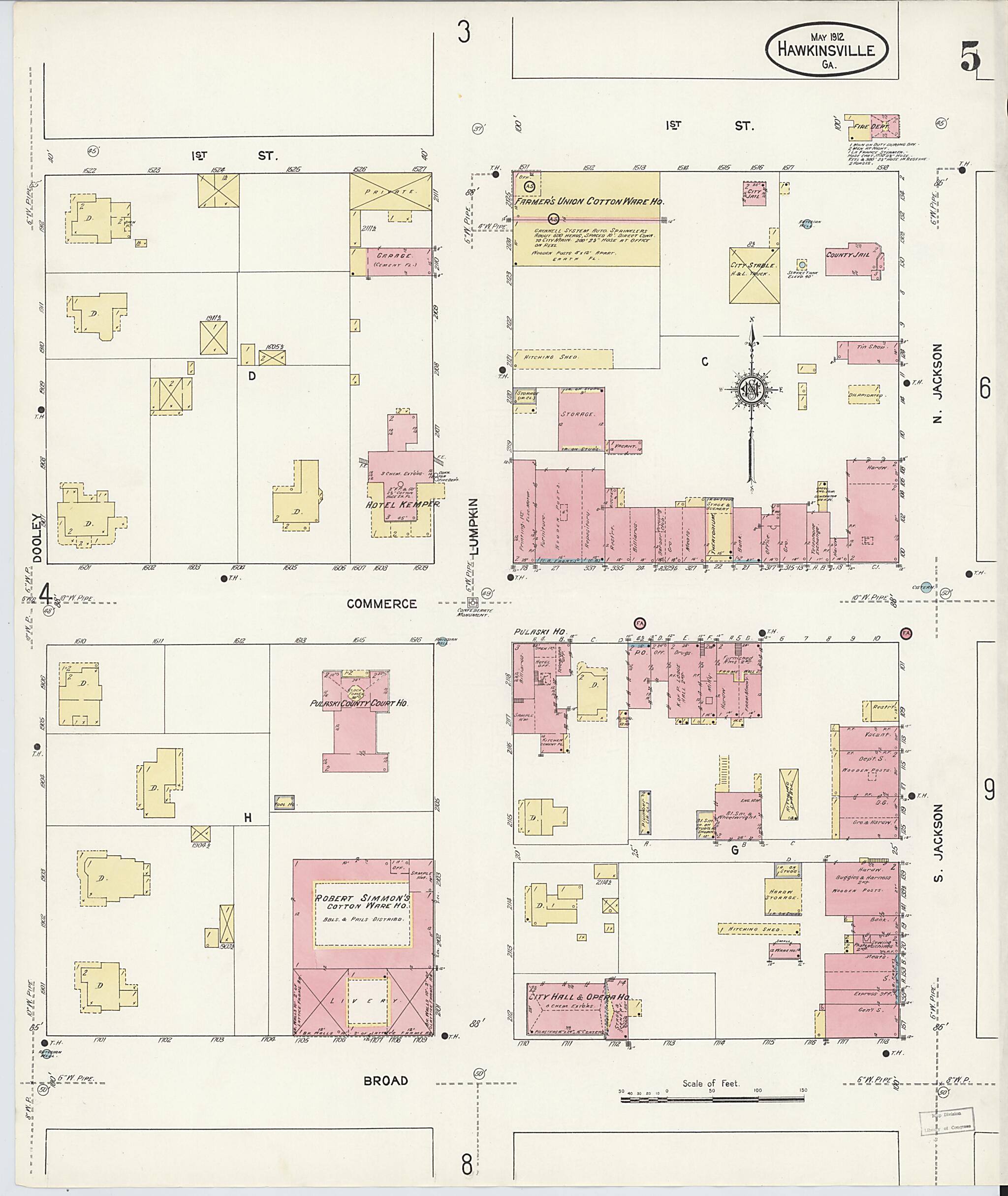 This old map of Hawkinsville, Pulaski County, Georgia was created by Sanborn Map Company in 1912