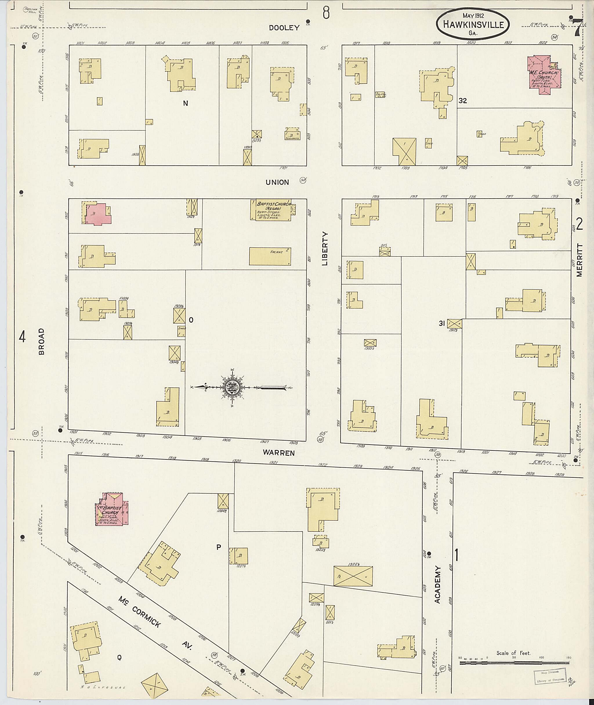 This old map of Hawkinsville, Pulaski County, Georgia was created by Sanborn Map Company in 1912