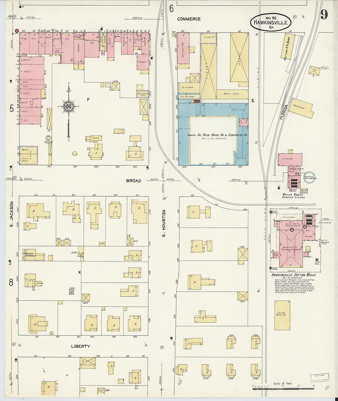 This old map of Hawkinsville, Pulaski County, Georgia was created by Sanborn Map Company in 1912