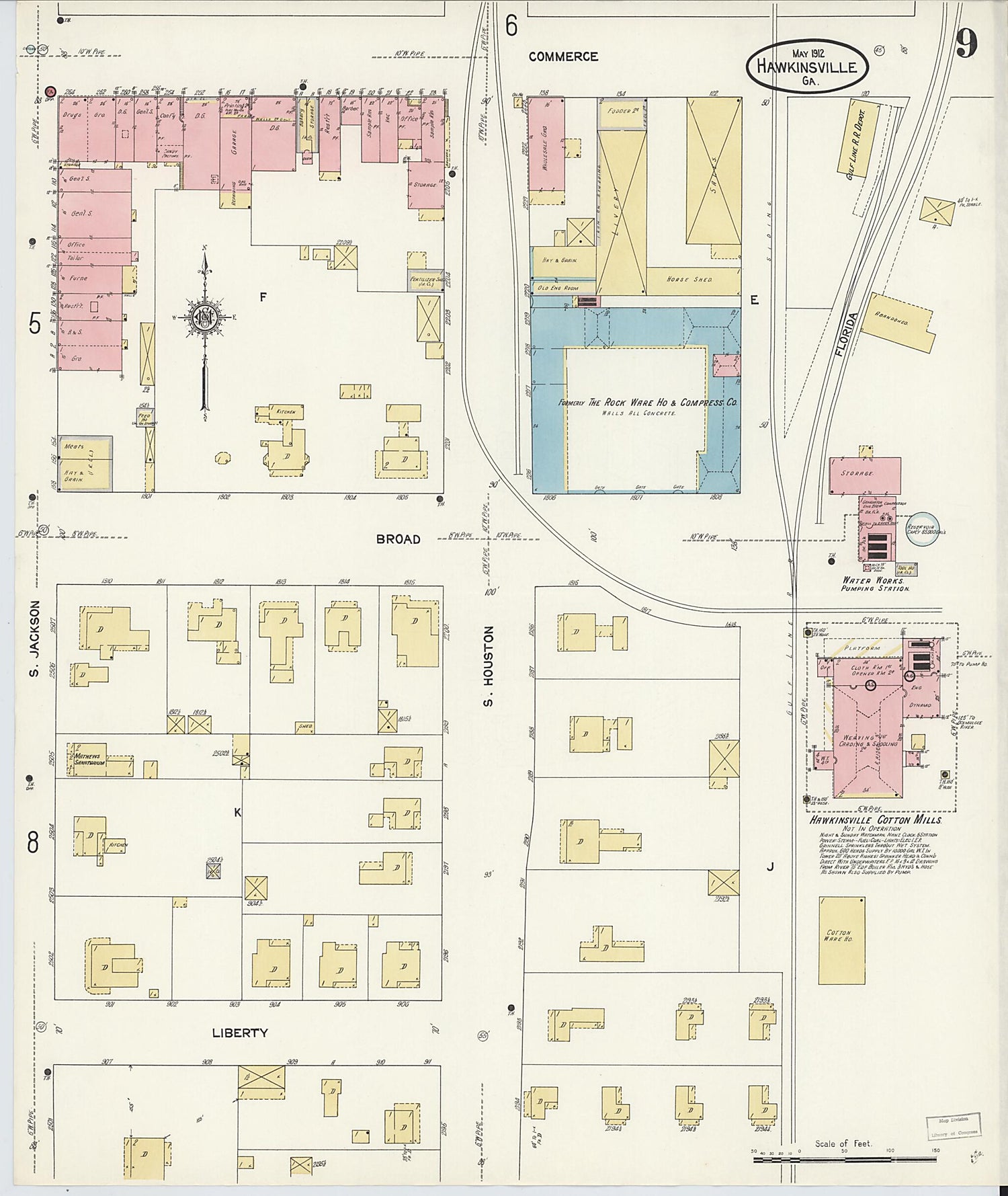 This old map of Hawkinsville, Pulaski County, Georgia was created by Sanborn Map Company in 1912