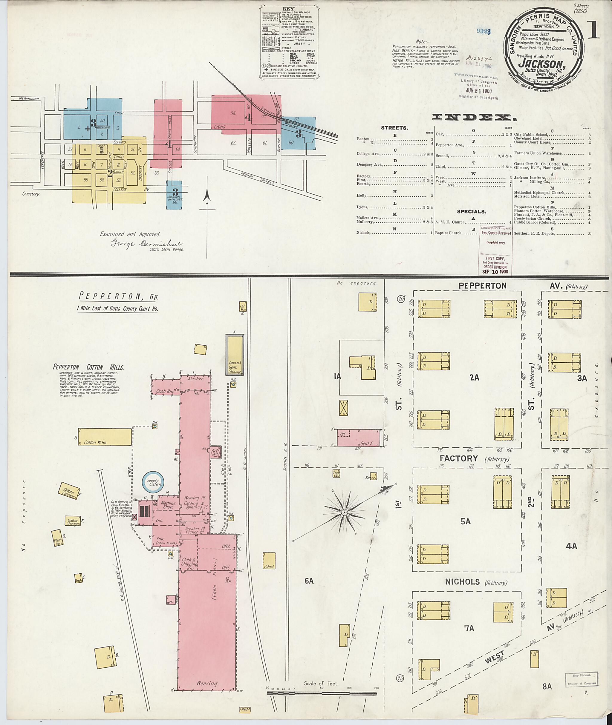 This old map of Jackson, Butts County, Georgia was created by Sanborn Map Company in 1900