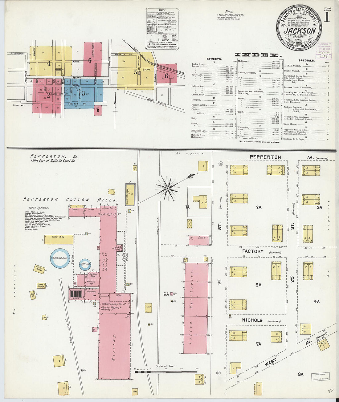 This old map of Jackson, Butts County, Georgia was created by Sanborn Map Company in 1905