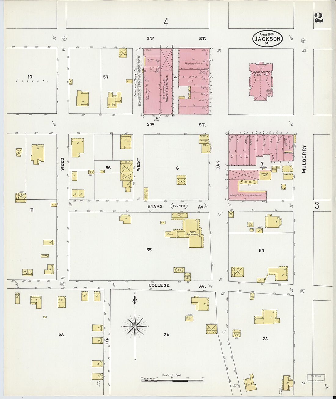 This old map of Jackson, Butts County, Georgia was created by Sanborn Map Company in 1905