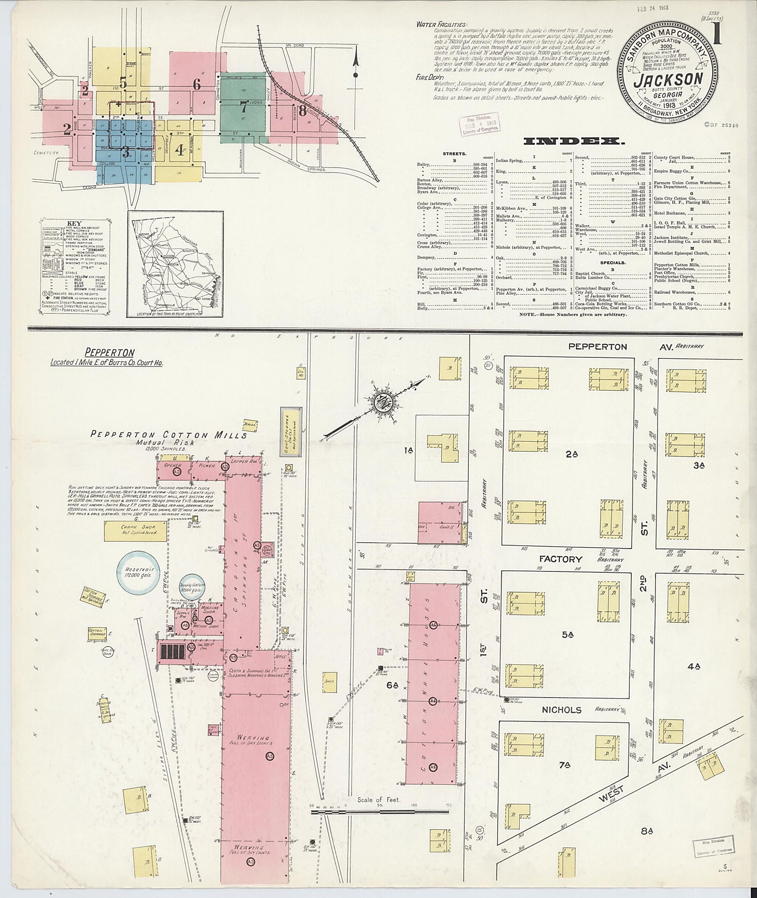 This old map of Jackson, Butts County, Georgia was created by Sanborn Map Company in 1913