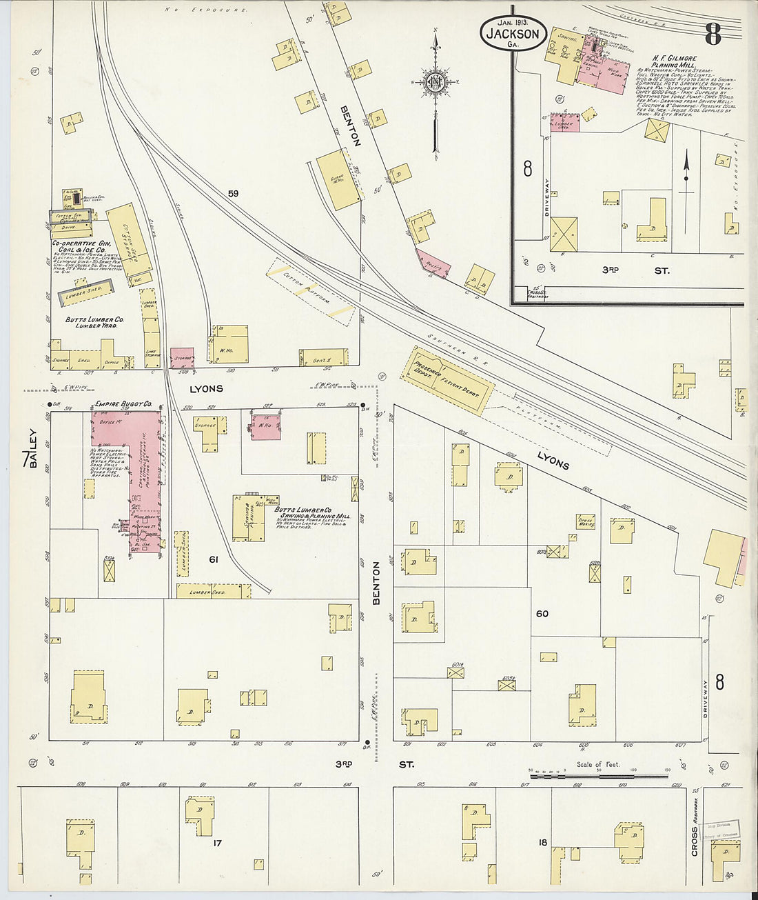 This old map of Jackson, Butts County, Georgia was created by Sanborn Map Company in 1913