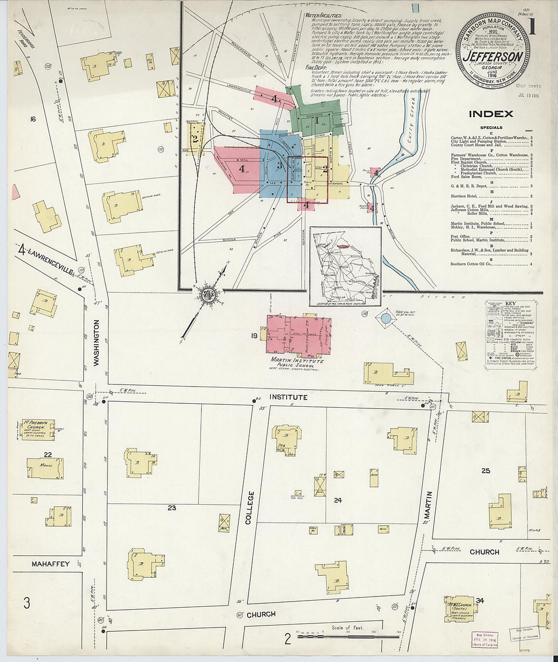 This old map of Jefferson, Jackson County, Georgia was created by Sanborn Map Company in 1916