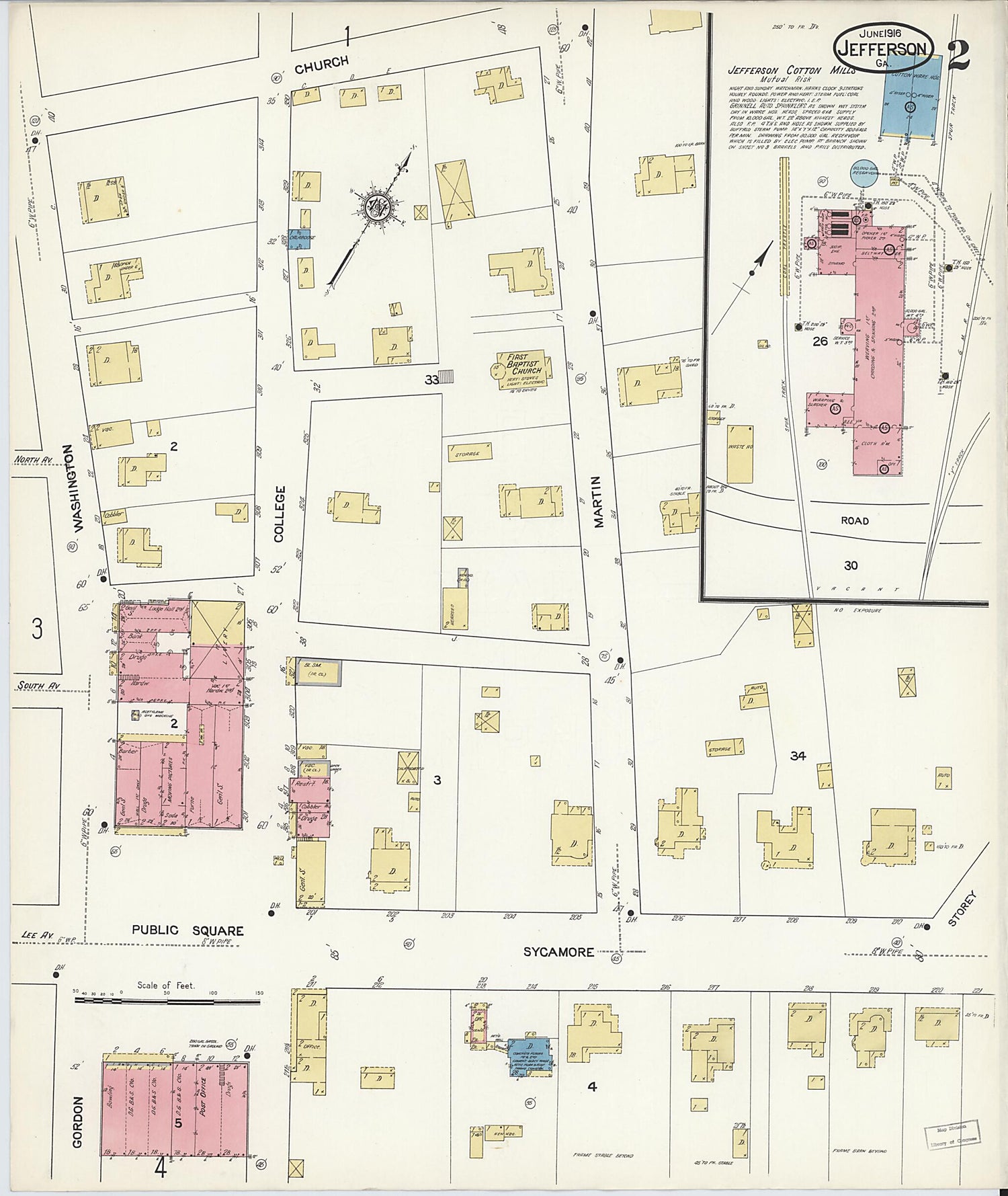 This old map of Jefferson, Jackson County, Georgia was created by Sanborn Map Company in 1916