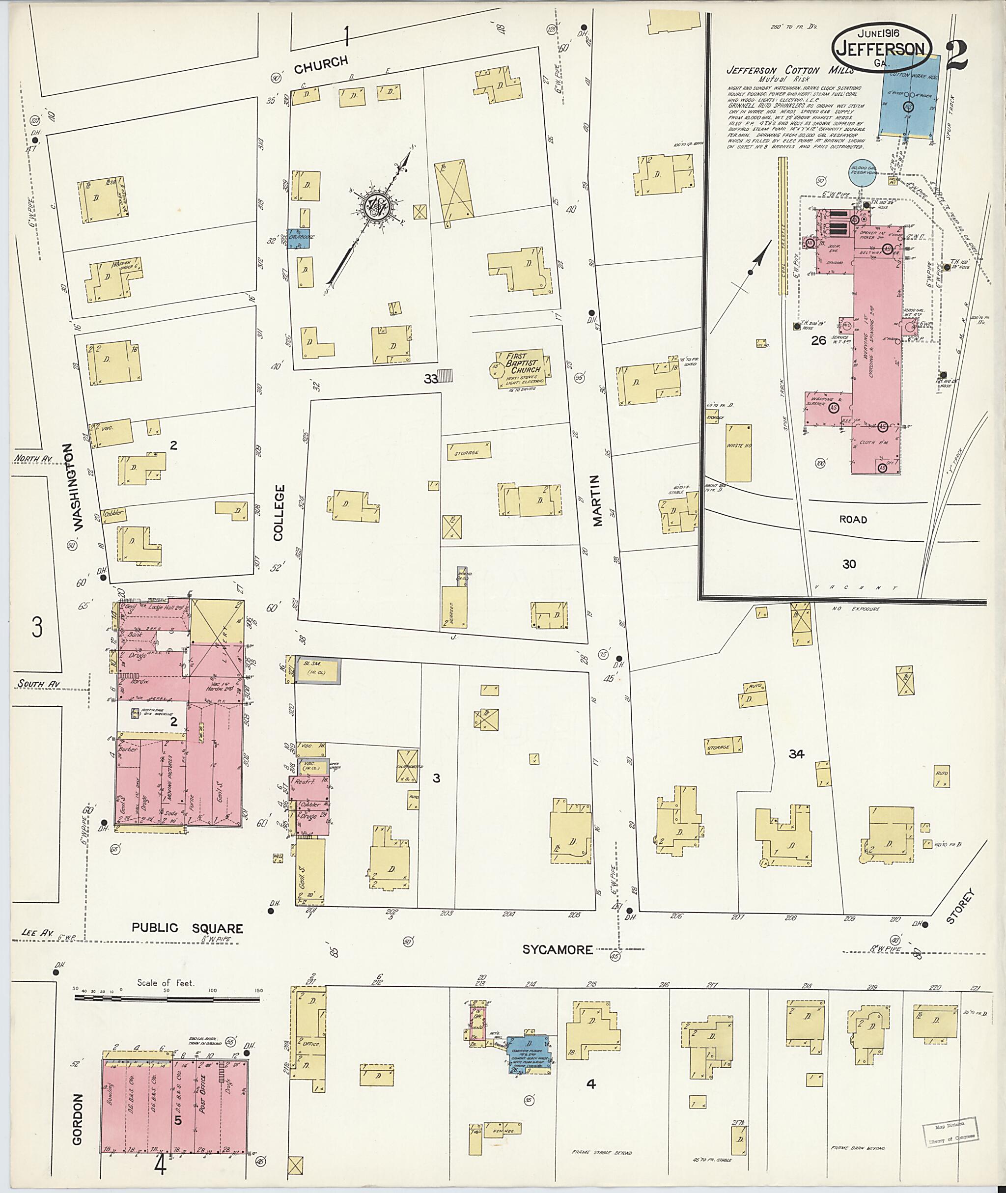 This old map of Jefferson, Jackson County, Georgia was created by Sanborn Map Company in 1916