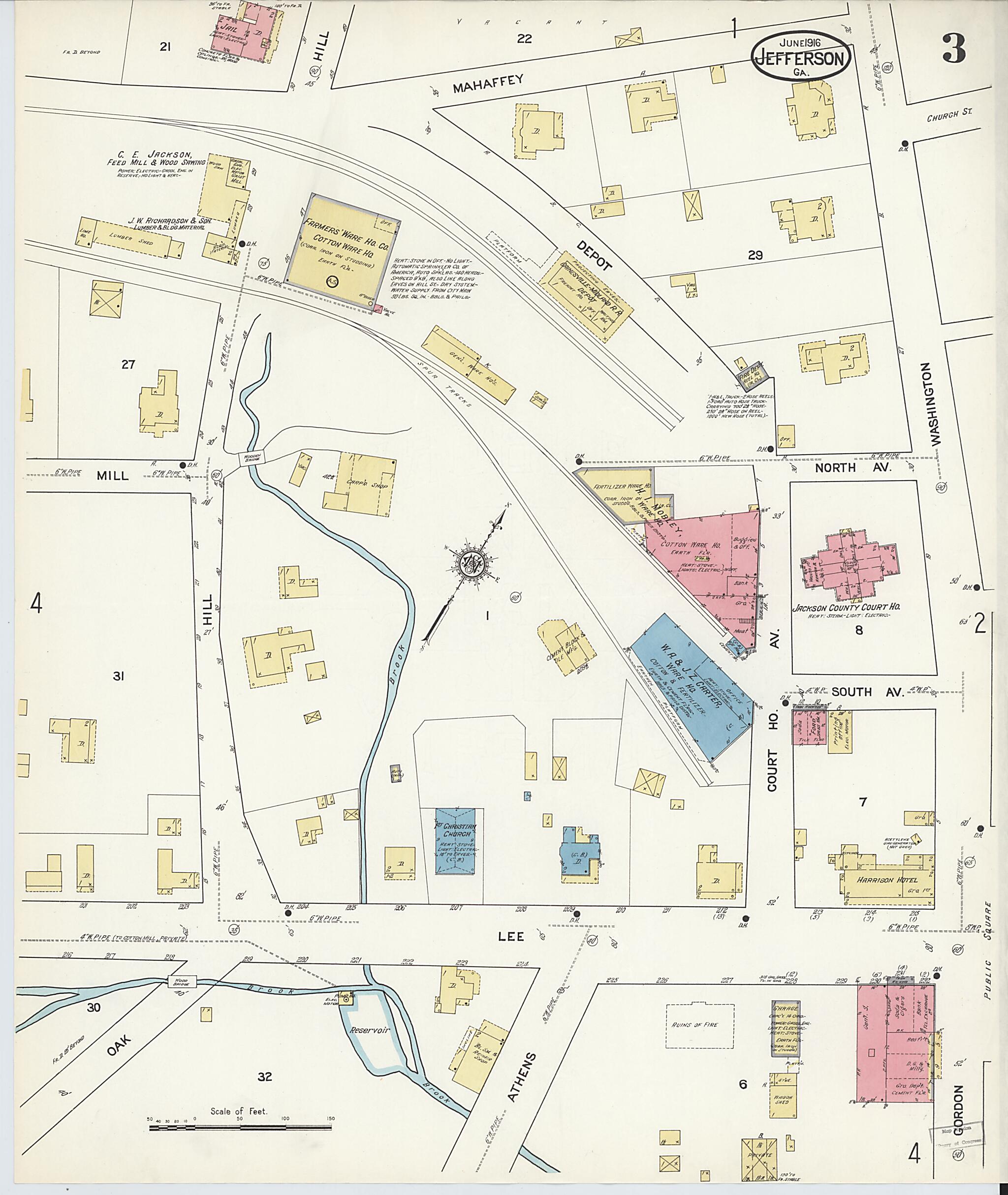 This old map of Jefferson, Jackson County, Georgia was created by Sanborn Map Company in 1916