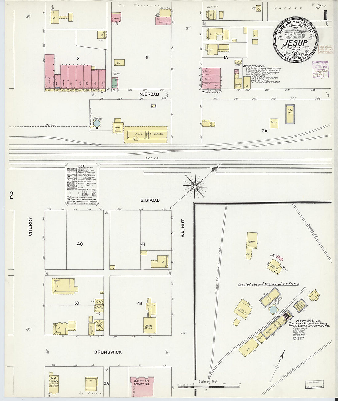 This old map of Jesup, Wayne County, Georgia was created by Sanborn Map Company in 1908