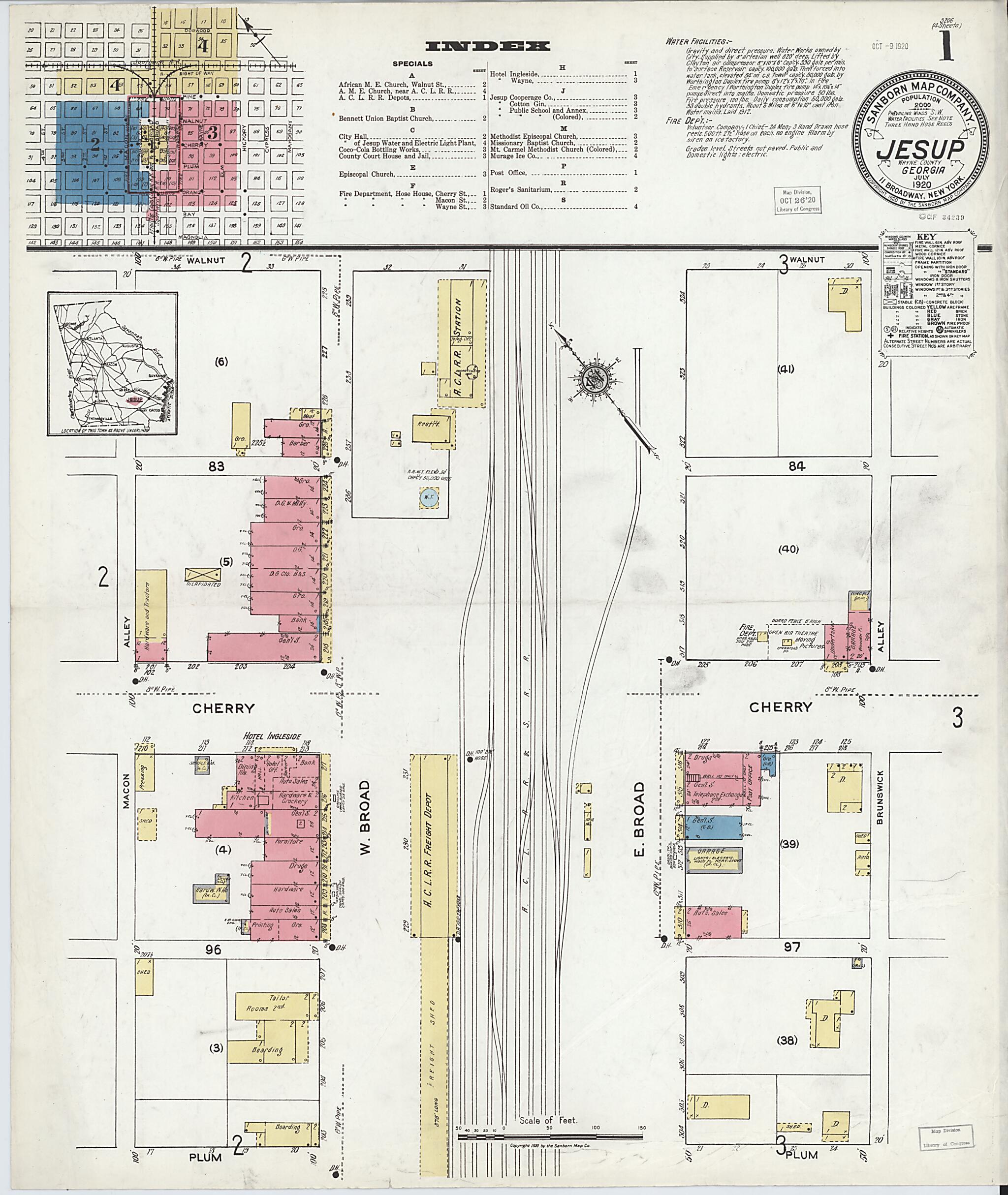 This old map of Jesup, Wayne County, Georgia was created by Sanborn Map Company in 1920