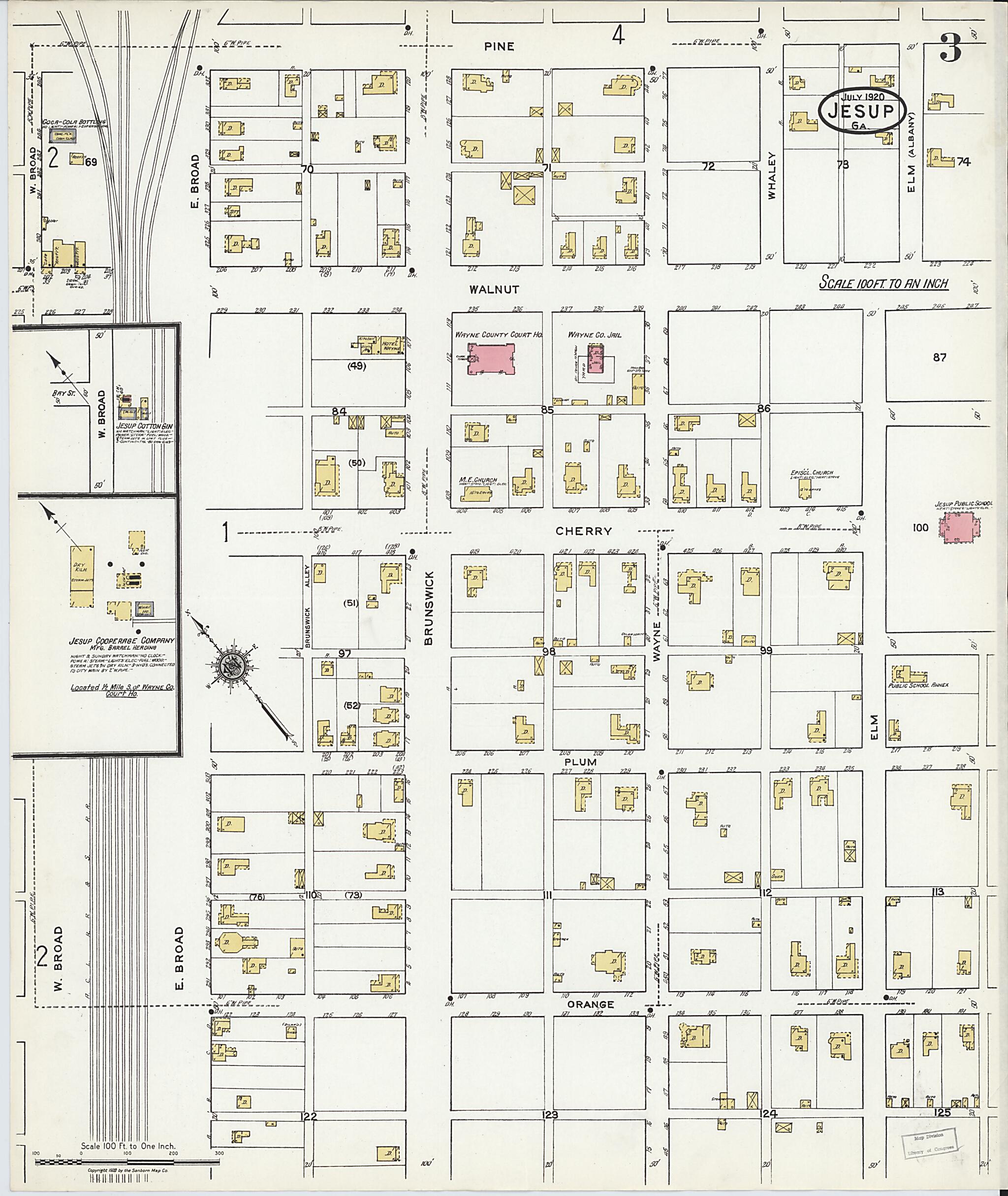 This old map of Jesup, Wayne County, Georgia was created by Sanborn Map Company in 1920