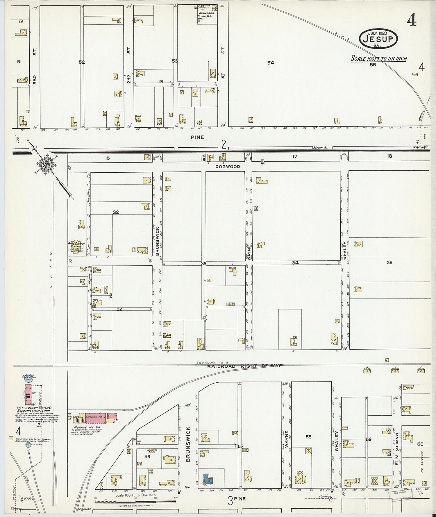 This old map of Jesup, Wayne County, Georgia was created by Sanborn Map Company in 1920