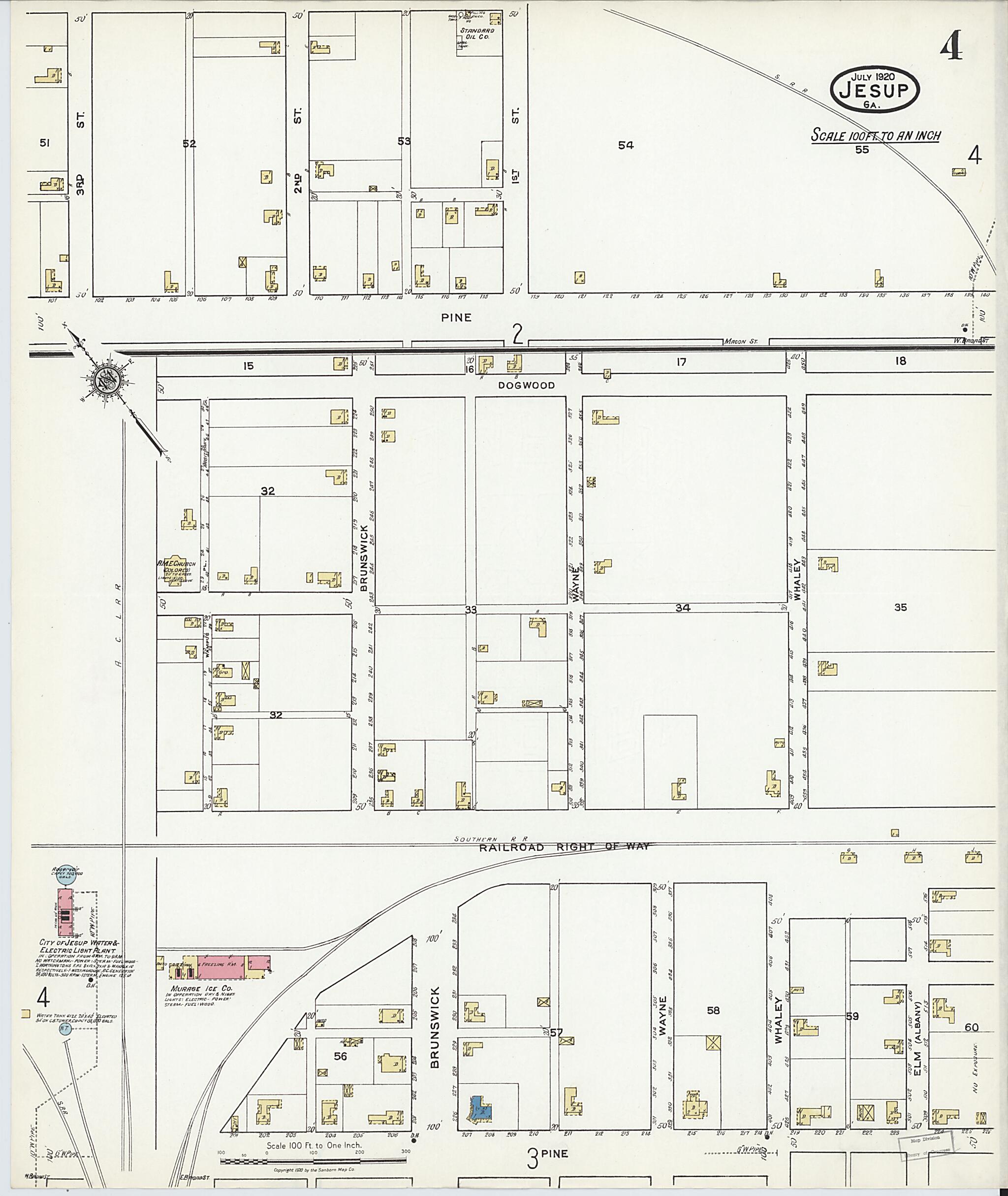 This old map of Jesup, Wayne County, Georgia was created by Sanborn Map Company in 1920