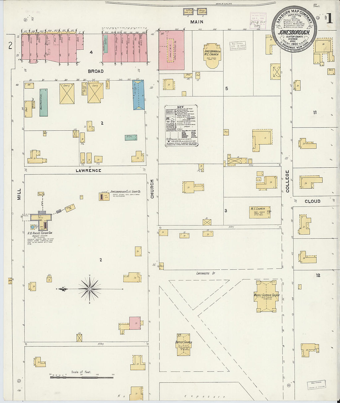 This old map of Jonesboro, Clayton County, Georgia was created by Sanborn Map Company in 1905