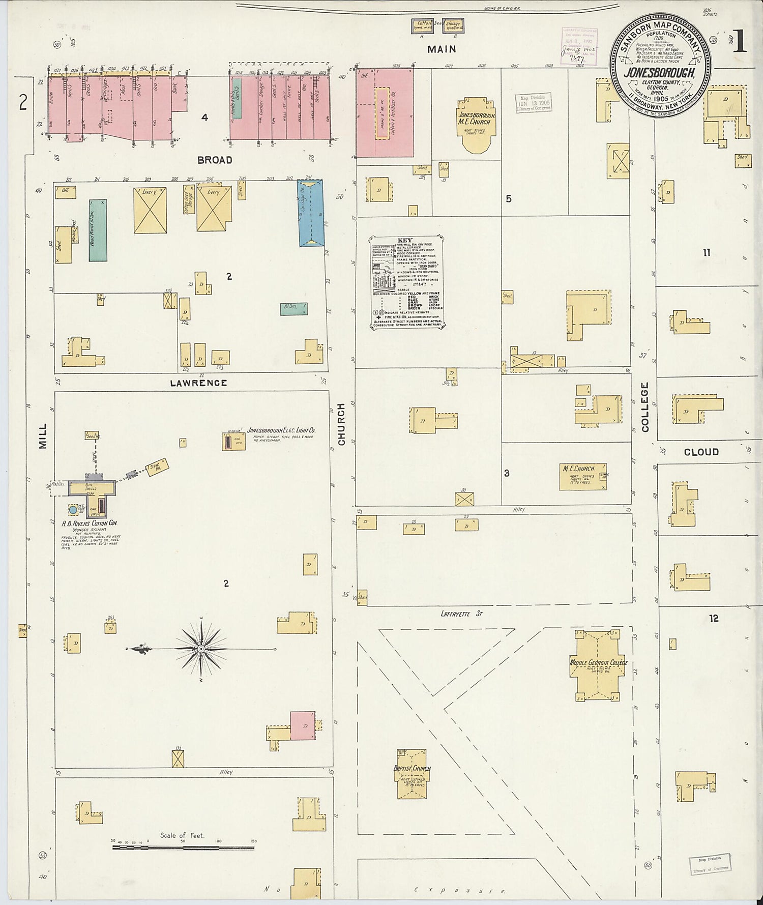 This old map of Jonesboro, Clayton County, Georgia was created by Sanborn Map Company in 1905