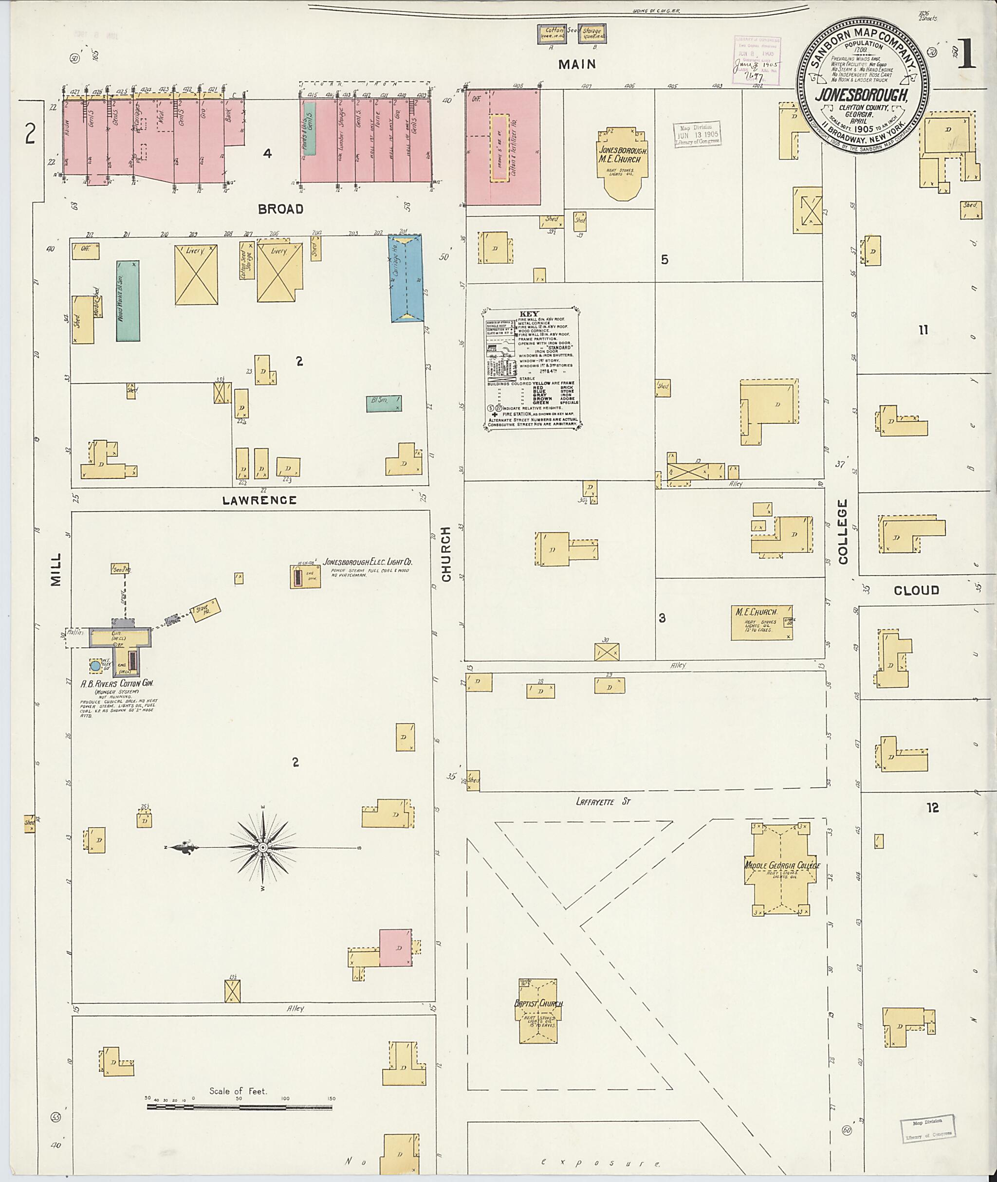 This old map of Jonesboro, Clayton County, Georgia was created by Sanborn Map Company in 1905