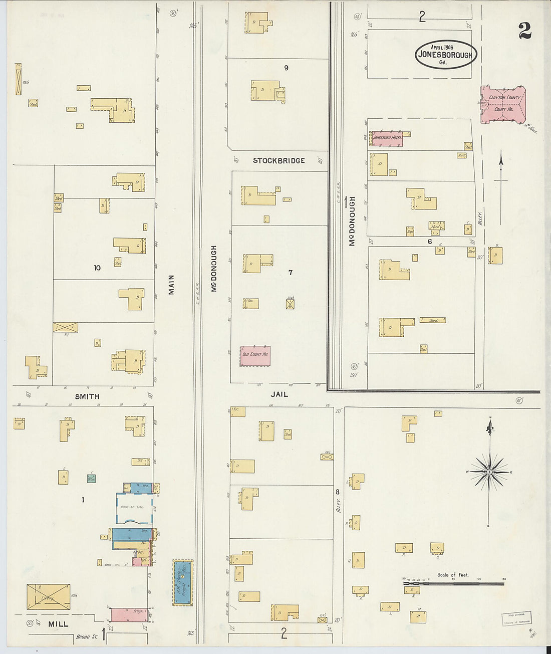 This old map of Jonesboro, Clayton County, Georgia was created by Sanborn Map Company in 1905