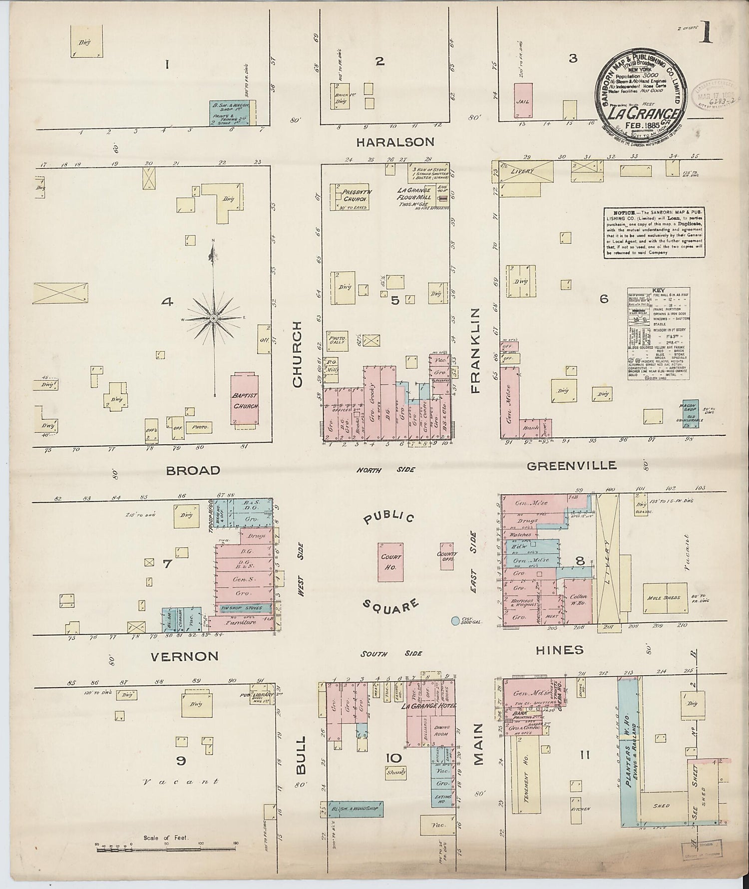 This old map of La Grange, Troup County, Georgia was created by Sanborn Map Company in 1885