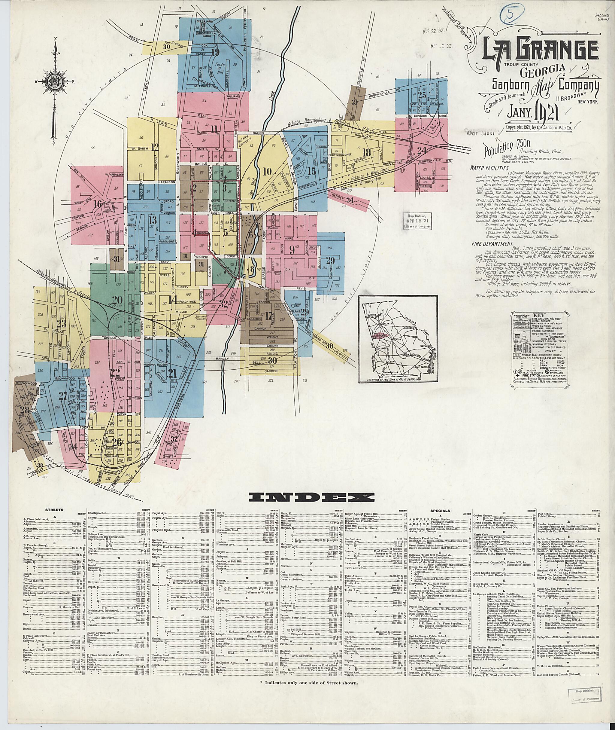 This old map of La Grange, Troup County, Georgia was created by Sanborn Map Company in 1921