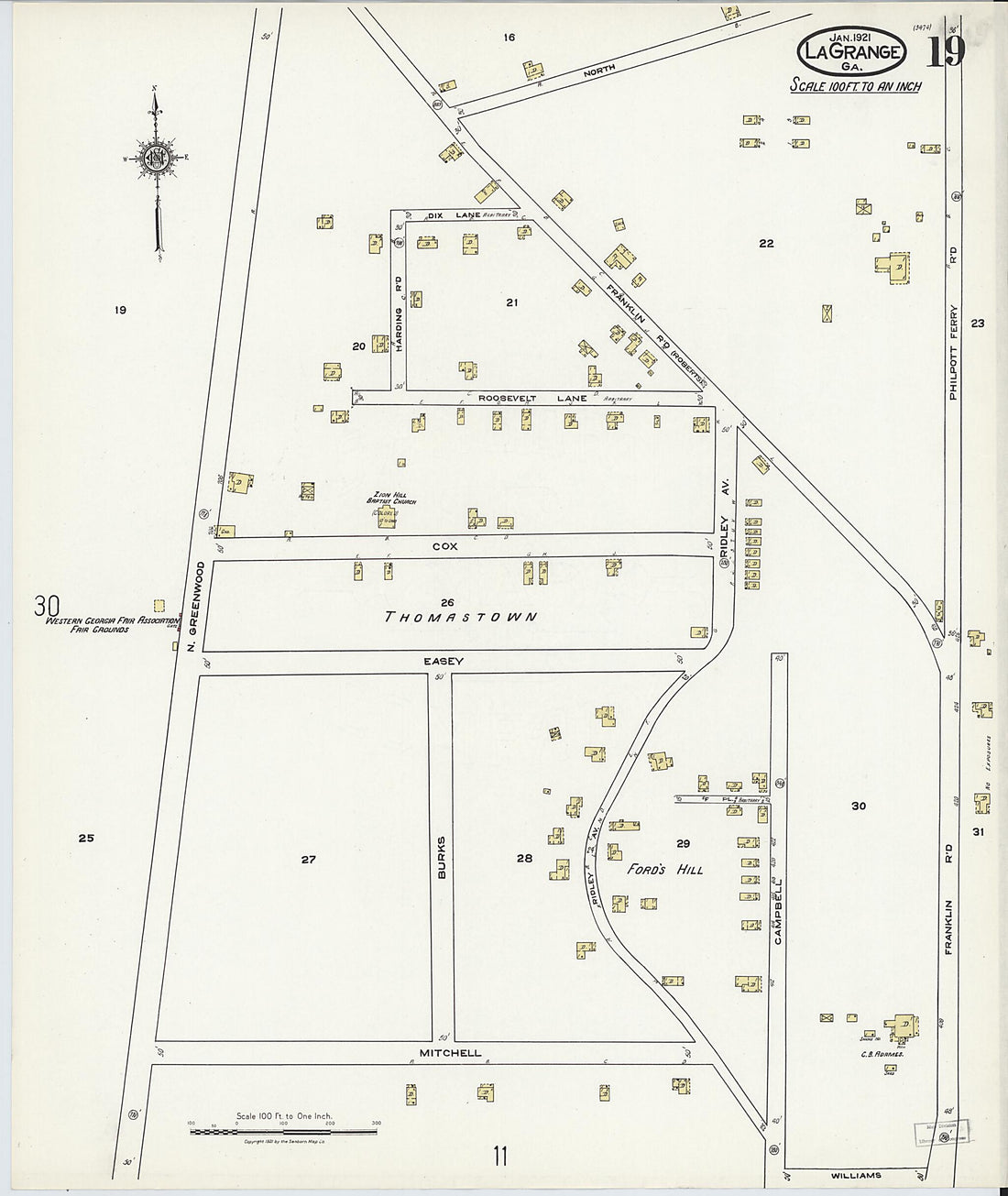 This old map of La Grange, Troup County, Georgia was created by Sanborn Map Company in 1921