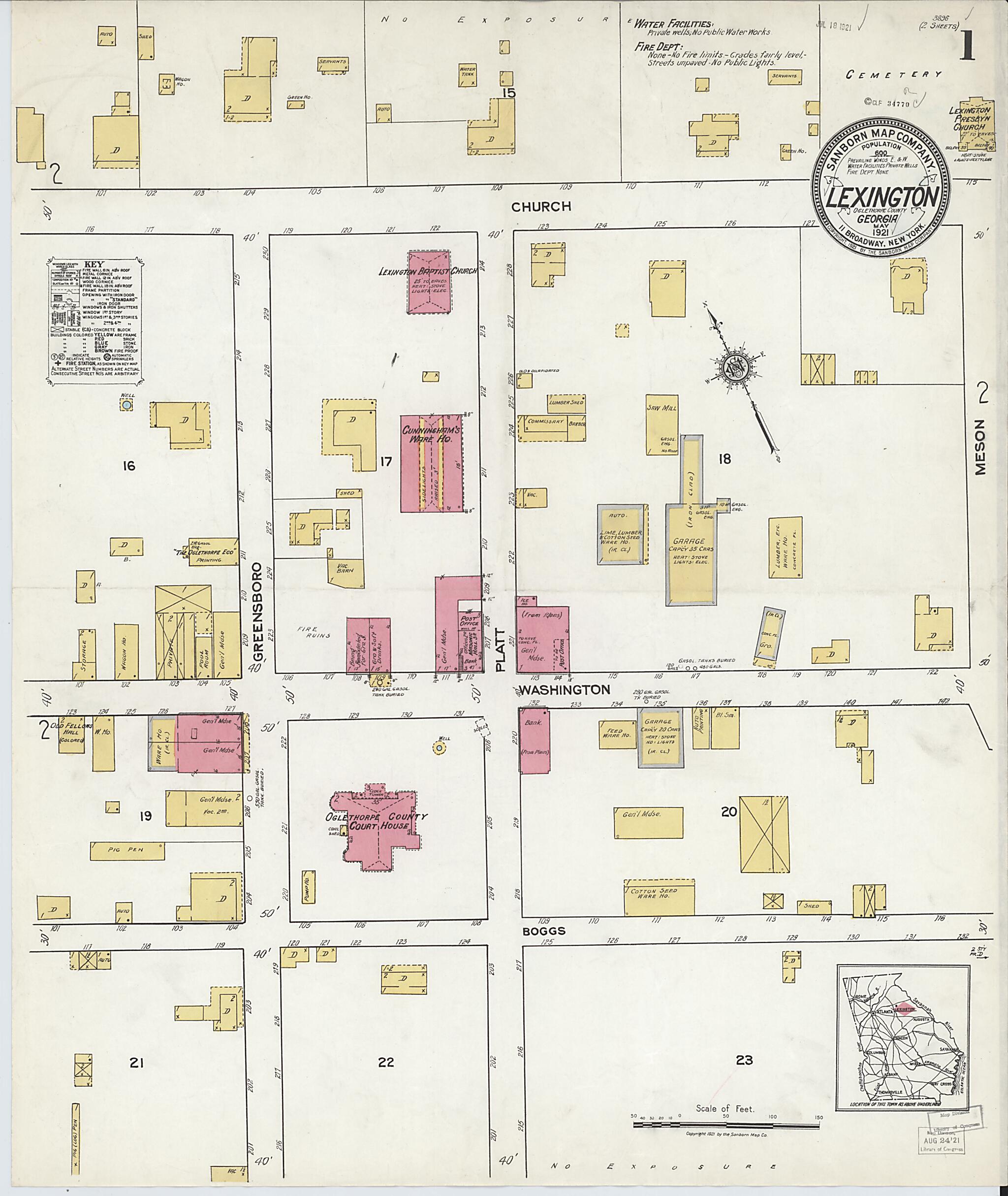 This old map of Lexington, Oglethorpe County, Georgia was created by Sanborn Map Company in 1921