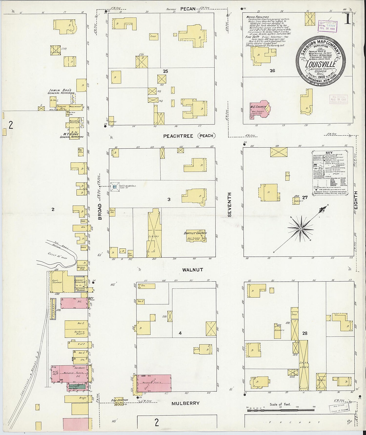 This old map of Louisville, Jefferson County, Georgia was created by Sanborn Map Company in 1909