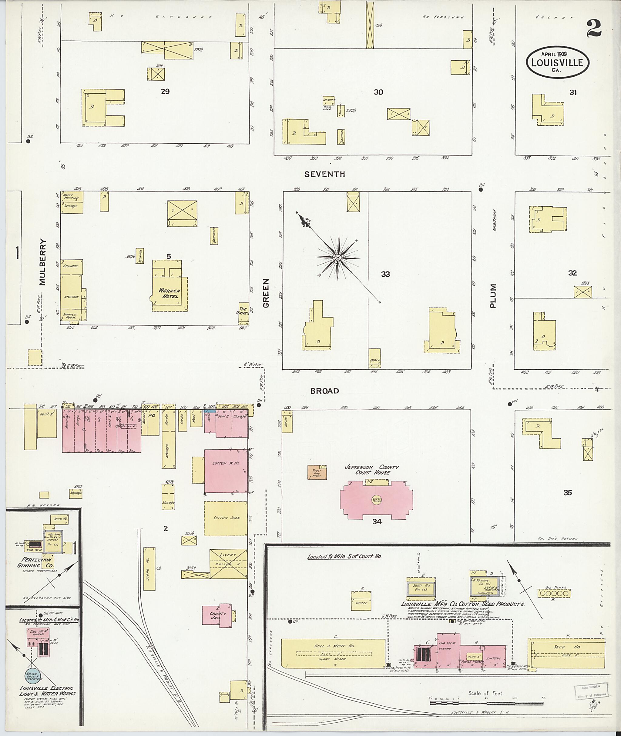 This old map of Louisville, Jefferson County, Georgia was created by Sanborn Map Company in 1909