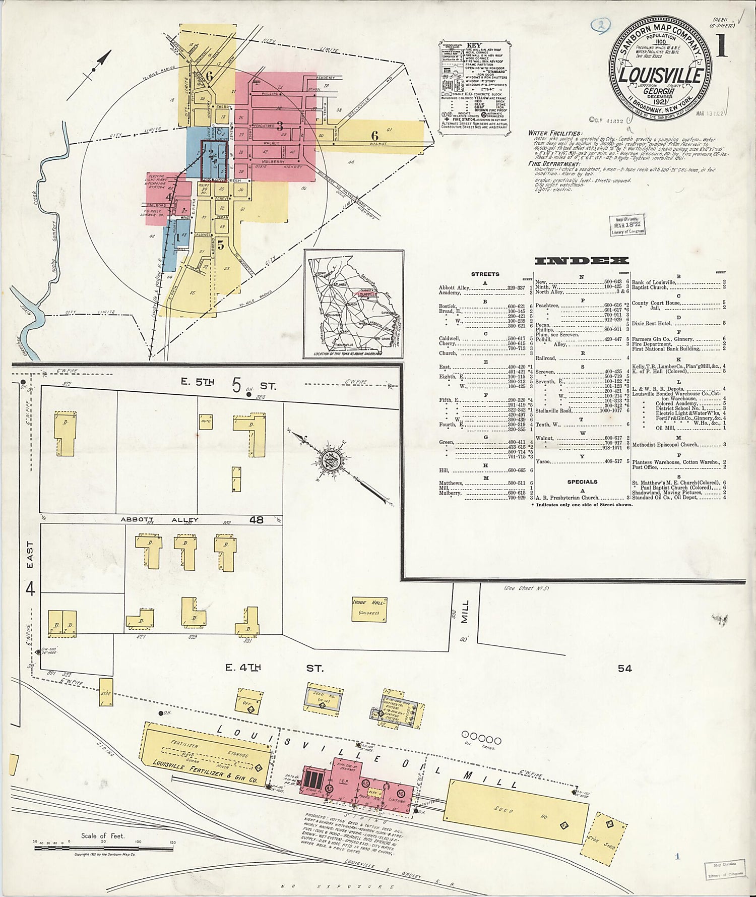 This old map of Louisville, Jefferson County, Georgia was created by Sanborn Map Company in 1921