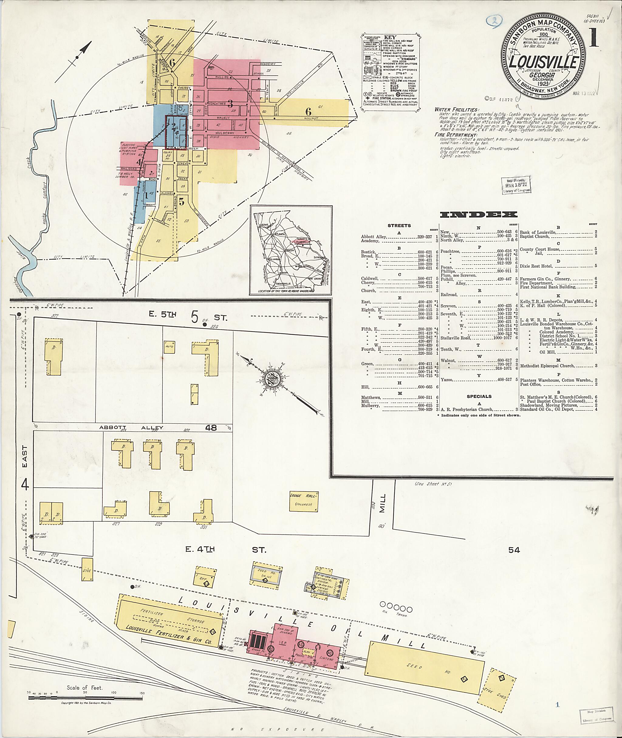 This old map of Louisville, Jefferson County, Georgia was created by Sanborn Map Company in 1921